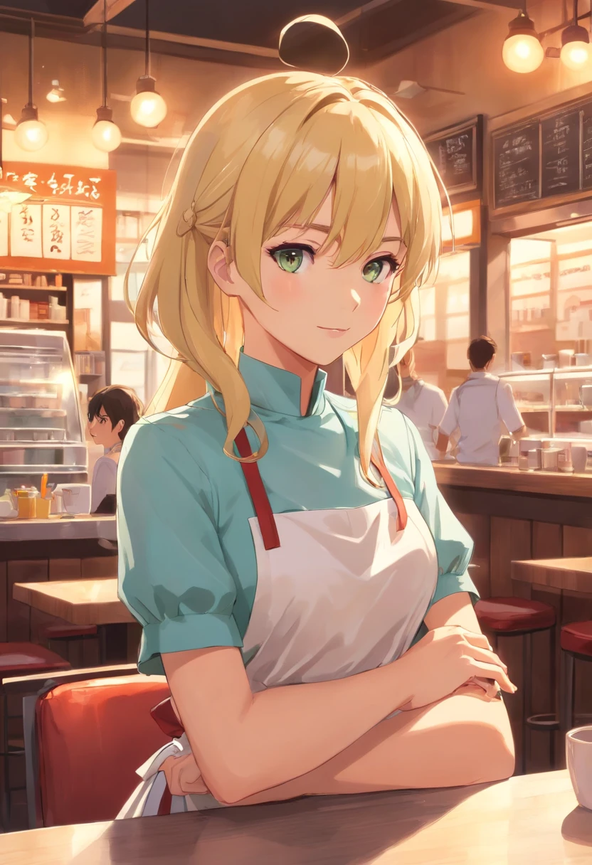 tmasterpiece,HighestQuali,anime,solo,A woman who is,((perfect female upper body)),Wearing an apron with a white dress,Long neat blonde hair,Neat bangs,((Inside the café))