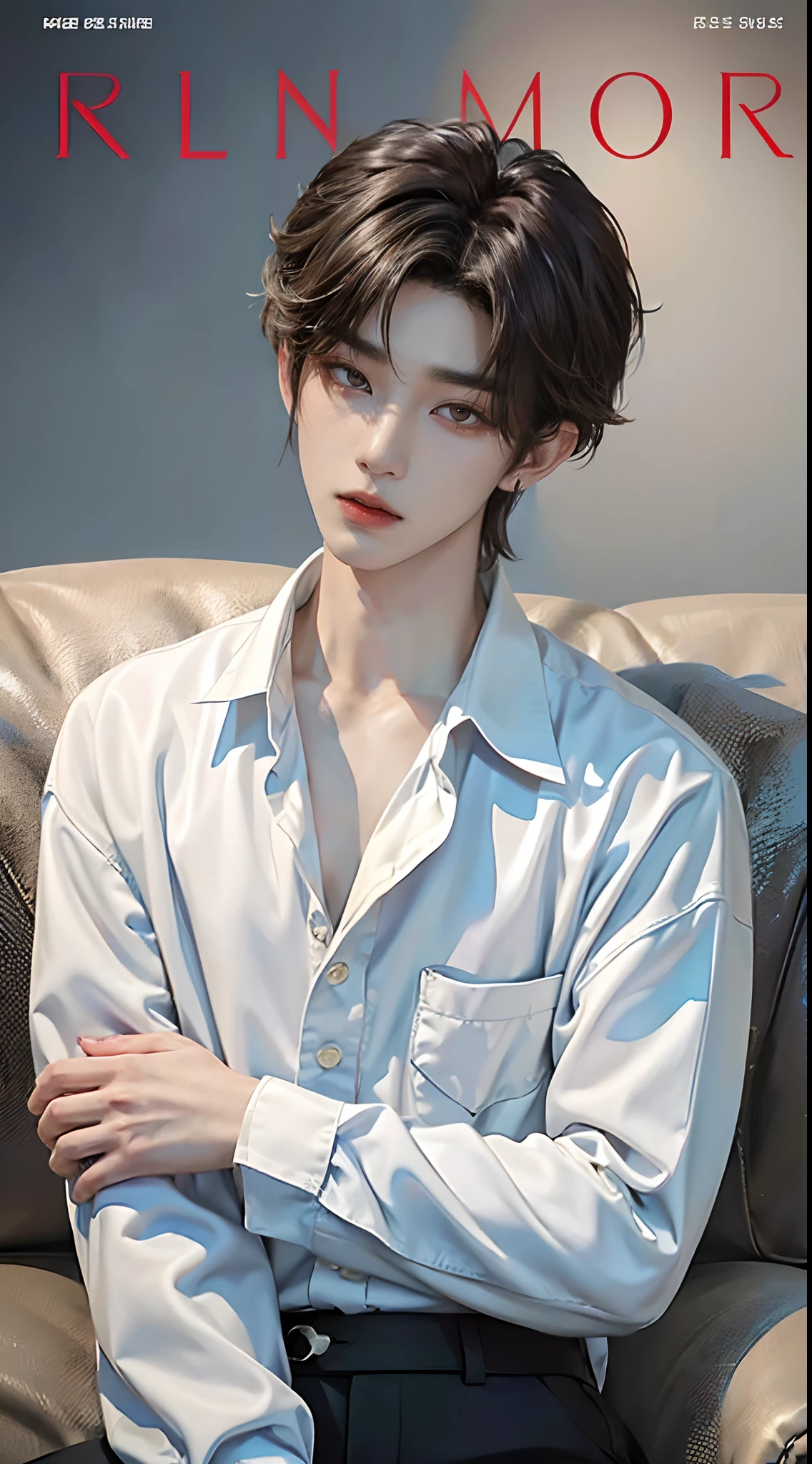 ((4K works))、​masterpiece、（top-quality)、((high-level image quality))、One Manly Boy、Slim body、((White Y-shirt and long black pants))、(Detailed beautiful eyes)、((Model Magazines))、Face similar to Chaewon in Ruseraphim、((short hair above the ears))、((Smaller face))、((Neutral face))、((Light brown eyes))、((Korean boy))、((18year old))、((Handsome man))、((Wild look))、((Korean Makeup))、((elongated and sharp eyes))、((Photographed so that the whole body can be seen))、((Focus zoom out))、((Model Magazine Cover))、((model poses))、((Model photo))、Professional Photos、((Magazine covers))