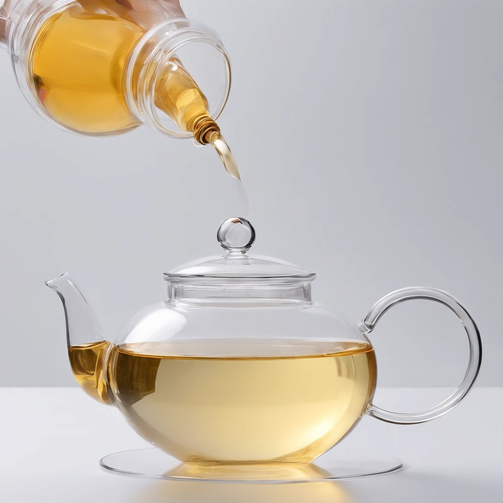 There is a lotus flower in a transparent glass teapot,Golden liquid,cleanness,White background,Simple composition,Minimalism,Super detail, ccurate, Best quality, hyper HD, Masterpiece, A high resolution, 1080p, 16k, Award-Awarded, Super detail, High details