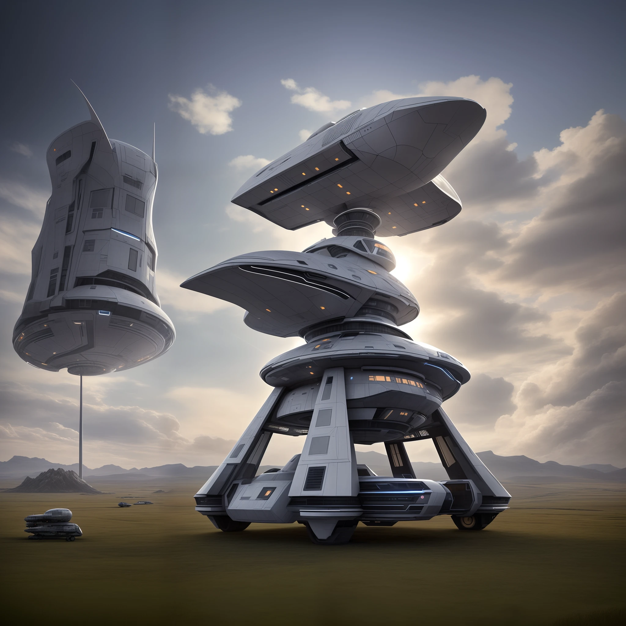 spaceships are stacked on top of each other in a field, surreal sci fi architecture, futuristic spaceship, futuristic outpost building, futuristic space port, futuristic starship, futuristic space station, futuristic palace, huge futuristic building, futuristic base, detailed futuristic architecture, scifi spaceship, futuristic tower, giant spaceship, majestic and futuristic, high concept sci-fi, depicted as a scifi scene