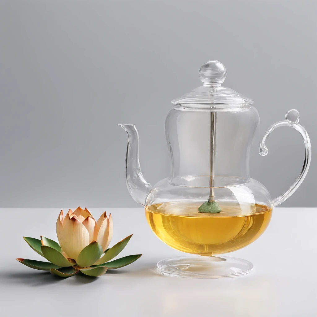 There is a lotus flower in the transparent glass teapot，Golden liquid，cleanness，White background，Simple composition