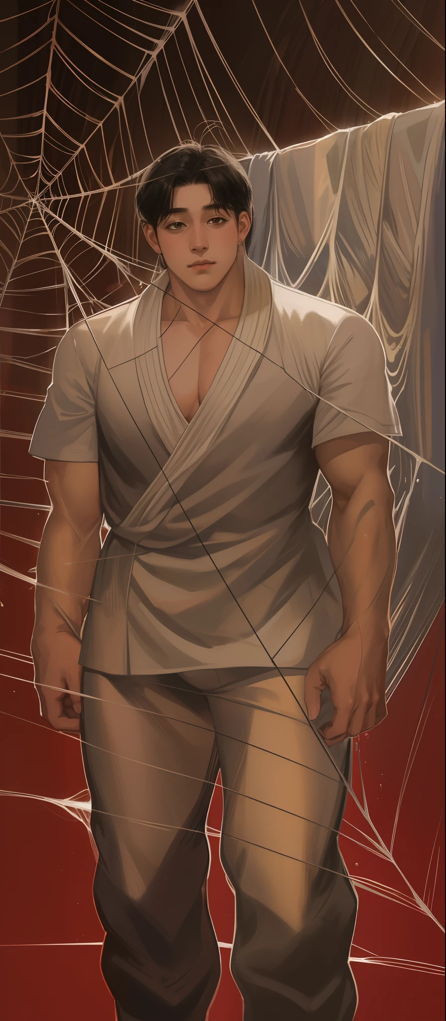 foto RAW, un retrato en primer plano, of a man standing in front of a spider web, Kentaro Miura Estilo Manga, Man with black hair and light brown attire , obra maestra, La mejor calidad, ultra detallada, illustration, cabello despeinado (piel muy detallada: 1.2), (textura de la piel), (poros de la piel), 8k UHD, DSLR, soft illuminaotion, alta calidad, movie grain, Fujifilm XT3