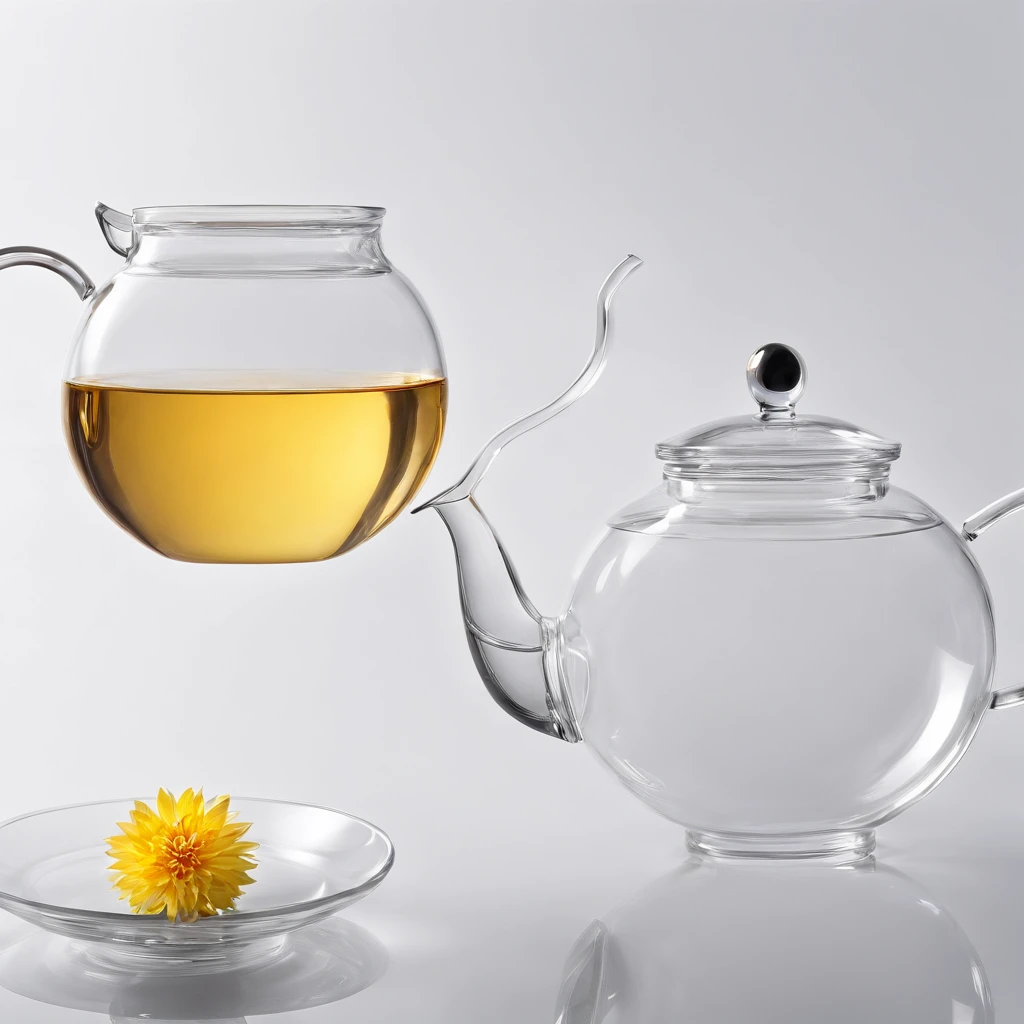 There is a lotus flower in a transparent glass teapot,Golden liquid,cleanness,White background,Simple composition,Minimalism,Super detail, ccurate, Best quality, hyper HD, Masterpiece, A high resolution, 1080p, 16k, Award-Awarded, Super detail, High details
