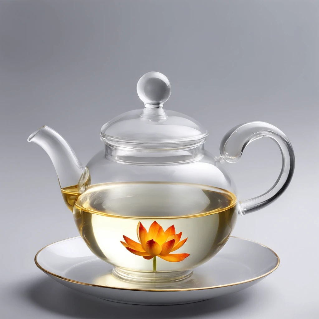 There is a lotus flower in a transparent glass teapot，Golden liquid，cleanness，White background，Simple composition，Minimalism,Super detail, ccurate, Best quality, hyper HD, Masterpiece, A high resolution, 1080p, 16k, Award-Awarded, Super detail, High details