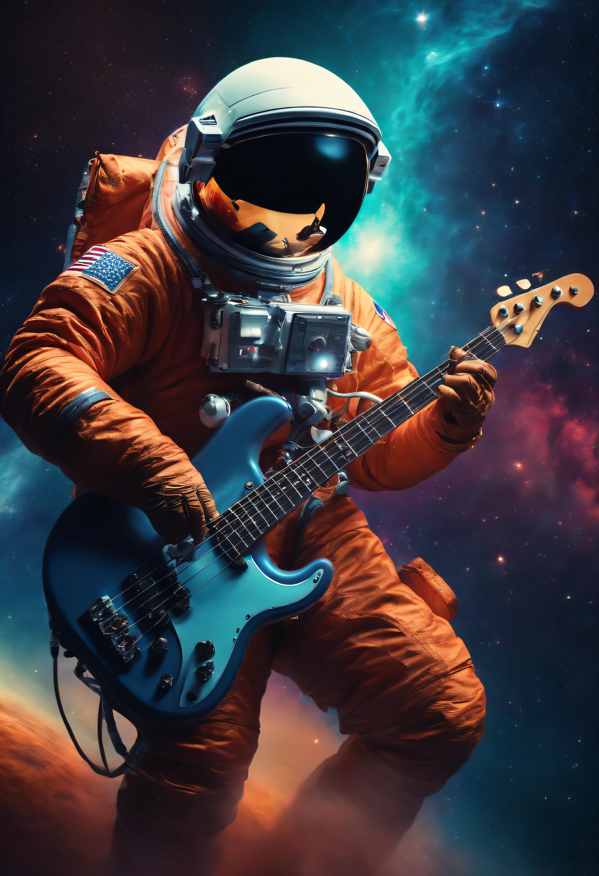 Astronaut playing bass in space with nebula in the background and zoadiac