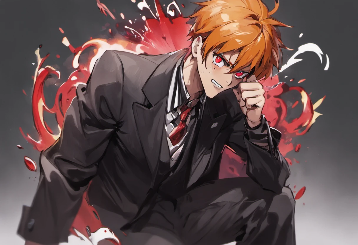 ichigo kurosaki sitting talking to a man, in a suit, white background