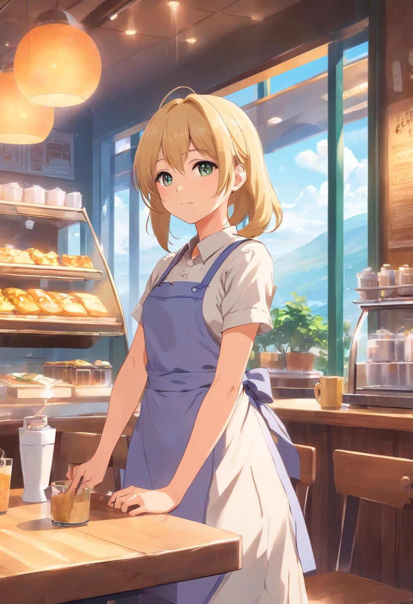 tmasterpiece,HighestQuali,anime big breast,Solo,(cygames),European Middle Ages,A woman who is,((Perfect for female upper body)),Wear an apron and a white dress,Long neat blonde hair,Neat bangs,((Alone in the café))