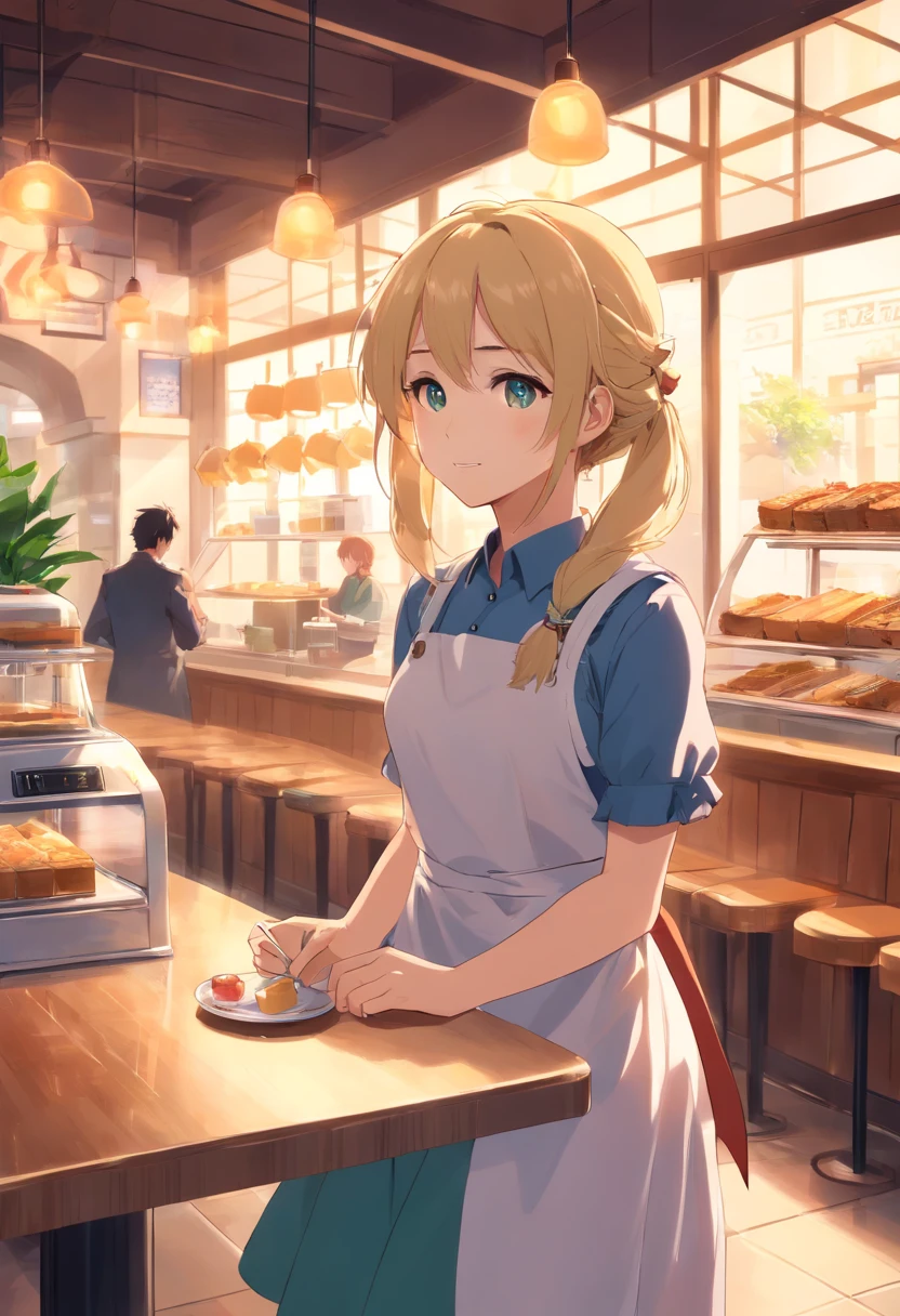 tmasterpiece,HighestQuali,anime big breast,Solo,(cygames),European Middle Ages,A woman who is,((Perfect for female upper body)),Wear an apron and a white dress,Long neat blonde hair,Neat bangs,((Alone in the café))