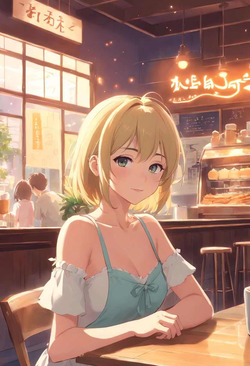 tmasterpiece，HighestQuali，anime big breast，Solo，(cygames)，European Middle Ages，A woman who is，((Perfect for female upper body))，Wear an apron and a white dress，Long neat blonde hair，Neat bangs，((Alone in the café))