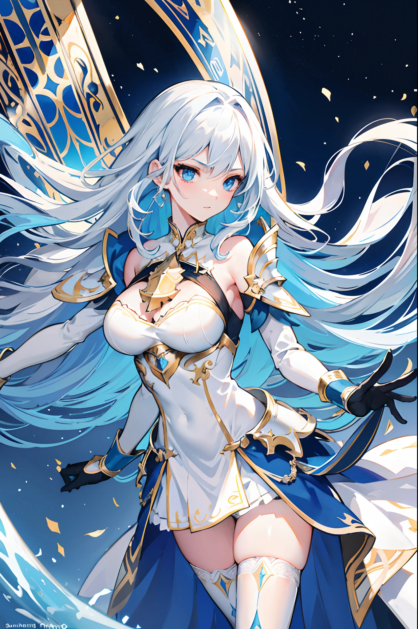 (masterpiece), (best quality), (ultra detailed face), beautiful face, perfect face, slim waist, stunning figure, one girl, long hair, (white hair with blue accent hair), ((long right bang)), ((asymmetrical hair)), blue eyes, white sleeves, white skirt, (((black stockings))), blue sky, clouds, on top of a ruin, (extremely high details), (((long blue dress))), knightly attire, warrioress, fire control, water control, (shining eyes), (fantasy breastplate), (fantasy breast armor), light armor, (bare shoulders), standing, battle mage concept, untied hair, ((blue and white dress with gold accents)), ornamental wrist armor, big breasts, sun on horizon, daytime, fierce pose, battle ready pose, magic chanting pose, blue magic circle