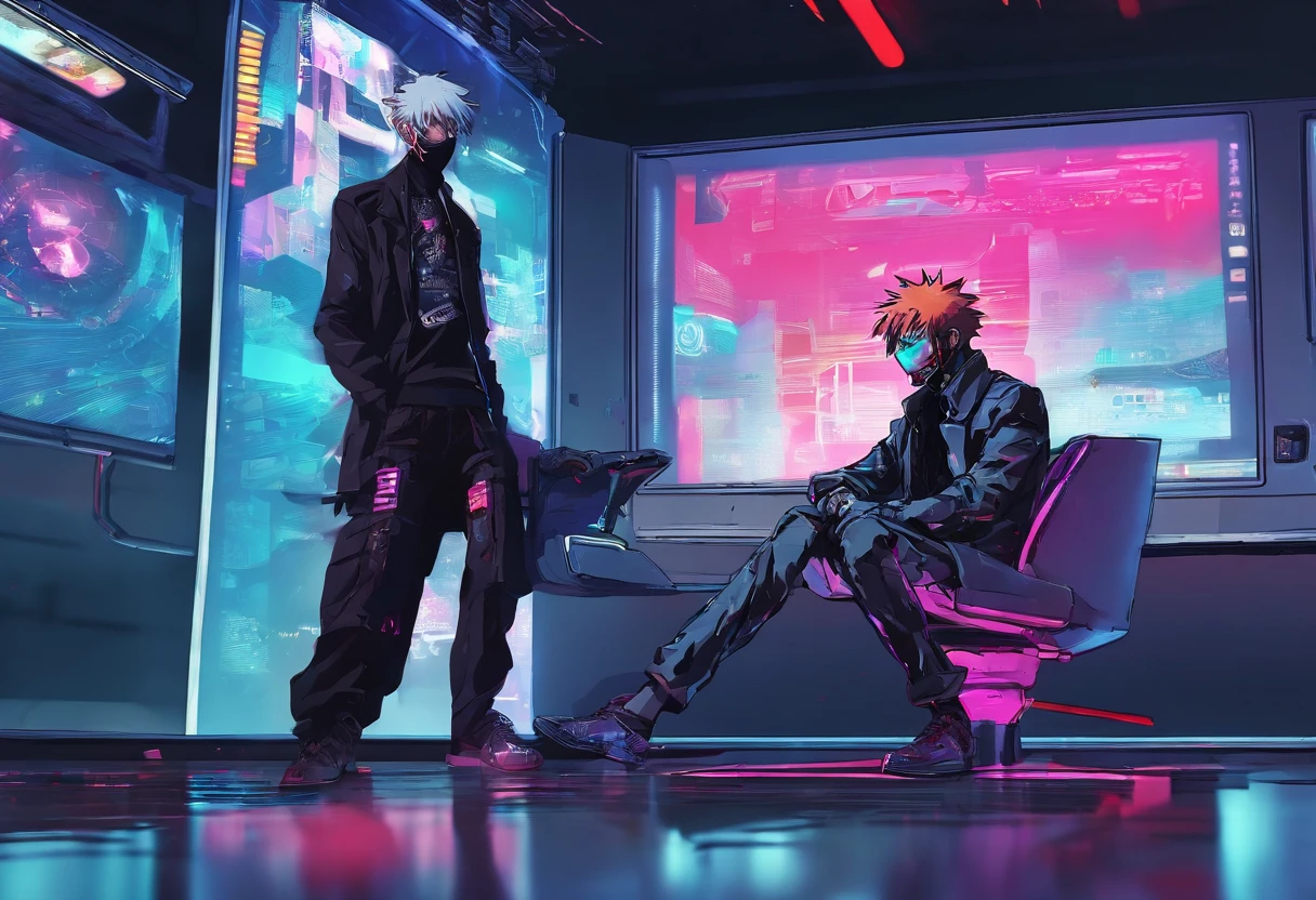 ichigo kurosaki sitting talking to a man, in a suit, white background