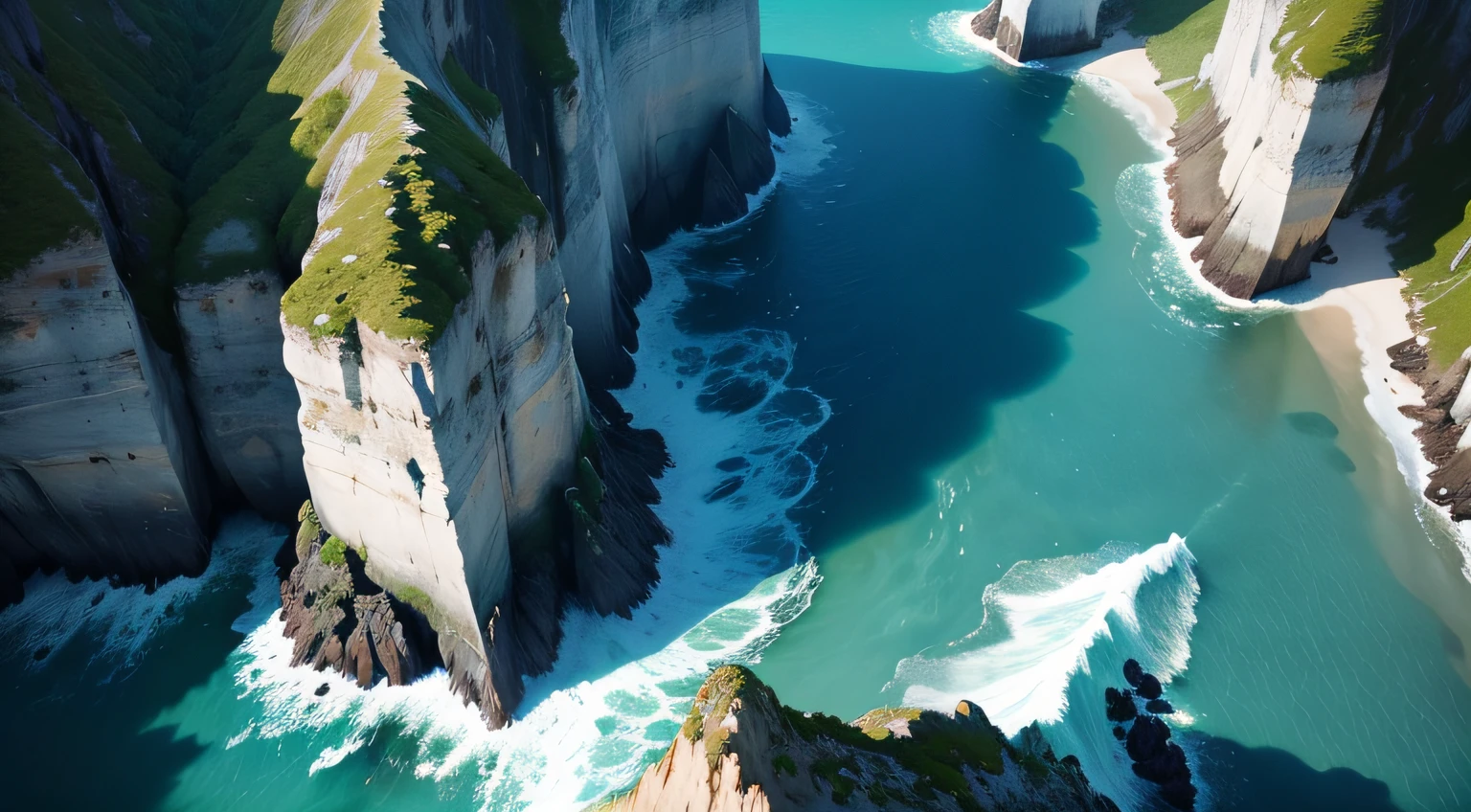 8K), cinematic depth of field, award-winning photo, ((aerial ocean cliffside landscape)), crystal blue water crashing against rocky cliffs, green hills rolling into sea, viewed from a majestic drone perspective, sweeping cinematic scope, visually stunning and engaging, conveying beauty and drama