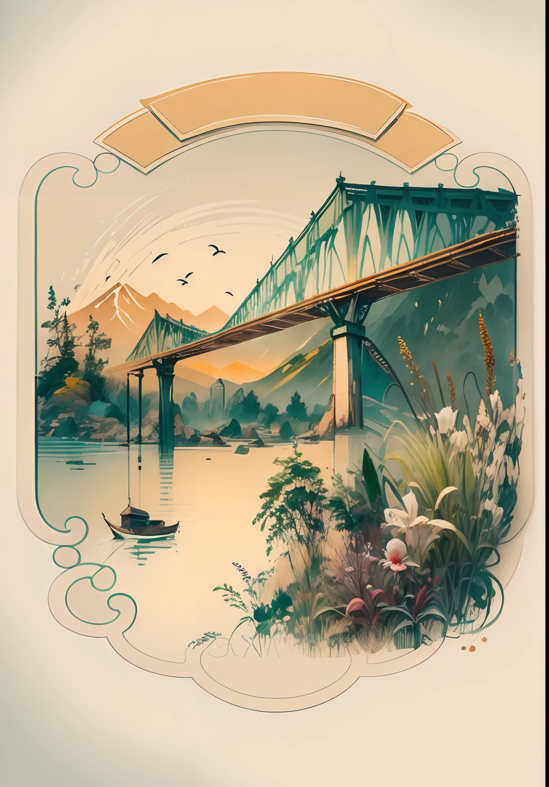 Line drawings are colored landscape paintings