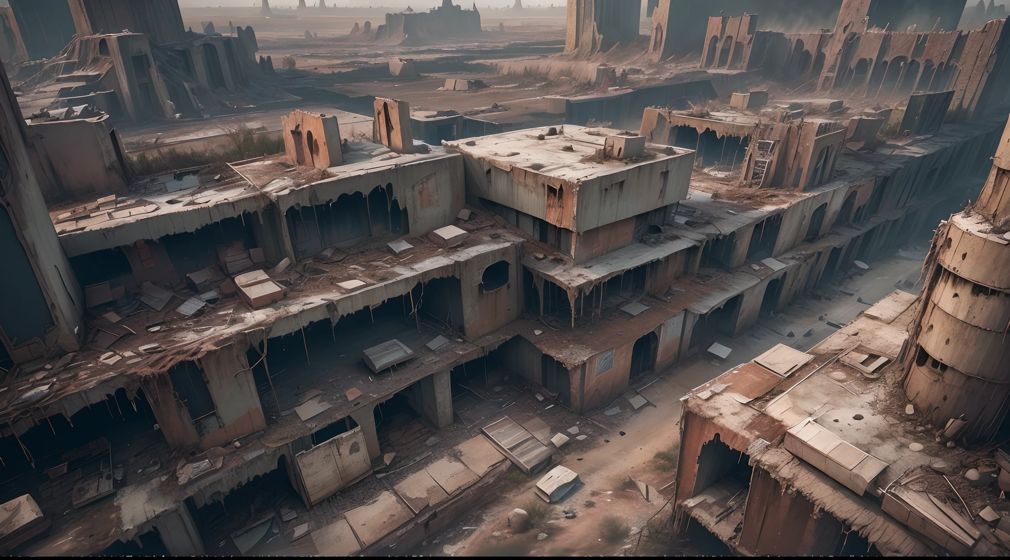 (Best quality,4K,8K,A high resolution,Masterpiece:1.2),Ultra-detailed,(Bird's eye view), (((post apocalyptic landscape, Desolate atmosphere,))),The city is surrounded by tall walls。