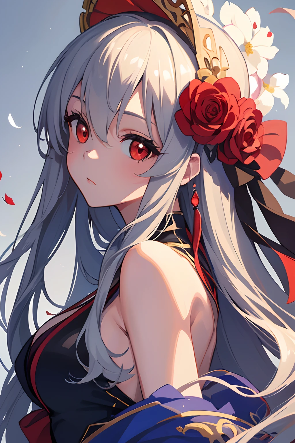 (Masterpiece:1.2, Best quality), (fine detailed beautiful eyes: 1.2), ((1girll)), ((Solo)), (Red eyes:1.4), (finely detailed eyes and detailed face:1.3), (beautiful and clear background:1.2), (Extremely detailed CG, Ultra-detailed, Best shadow:1.1), ((Depth of field)), ((aquarelle)), (their:1.5), (komono:1.3), Large breasts, Bare shoulders, flowers and petals, Beautiful concept illustration, (White background:0.5), (illustration:1.1), (Extremely fine and beautiful:1.1), (Perfect details:1.1), From the side Side, Cowboy shot,