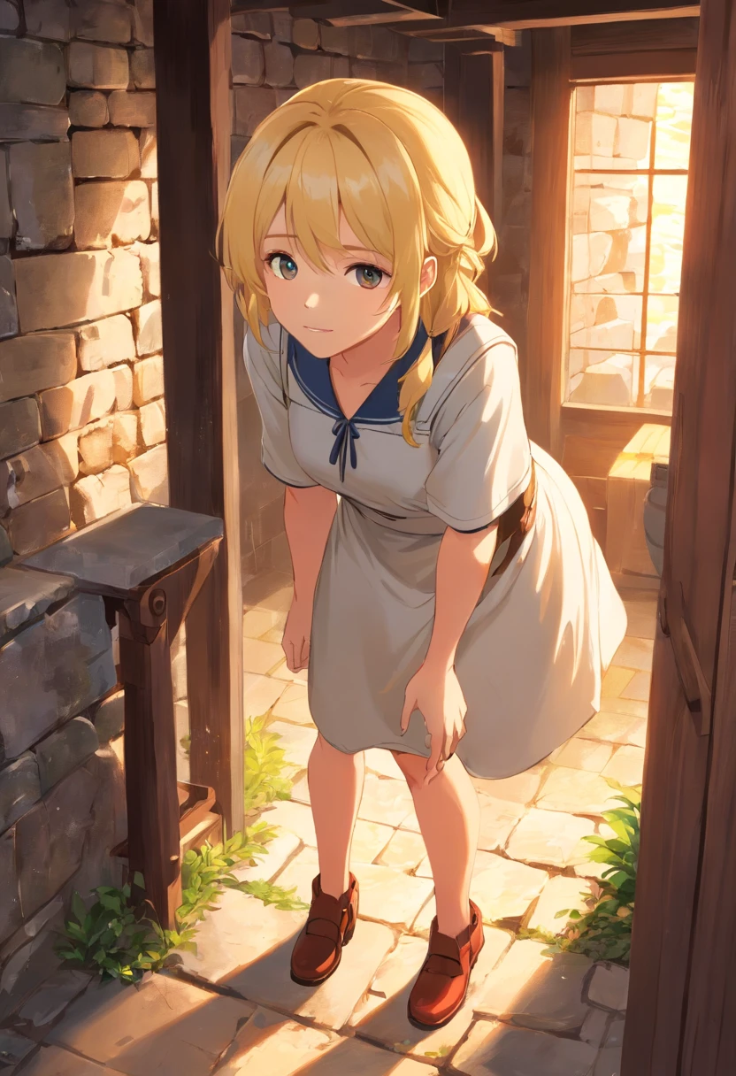 tmasterpiece,HighestQuali,cygames,anime big breast,Solo,A woman who is,((Perfect for female upper body)),Wear an apron and a white dress,((Long neat blonde hair,Neat bangs)),((Inside the basement,chests,wooden bucket,Stone walls and floors))