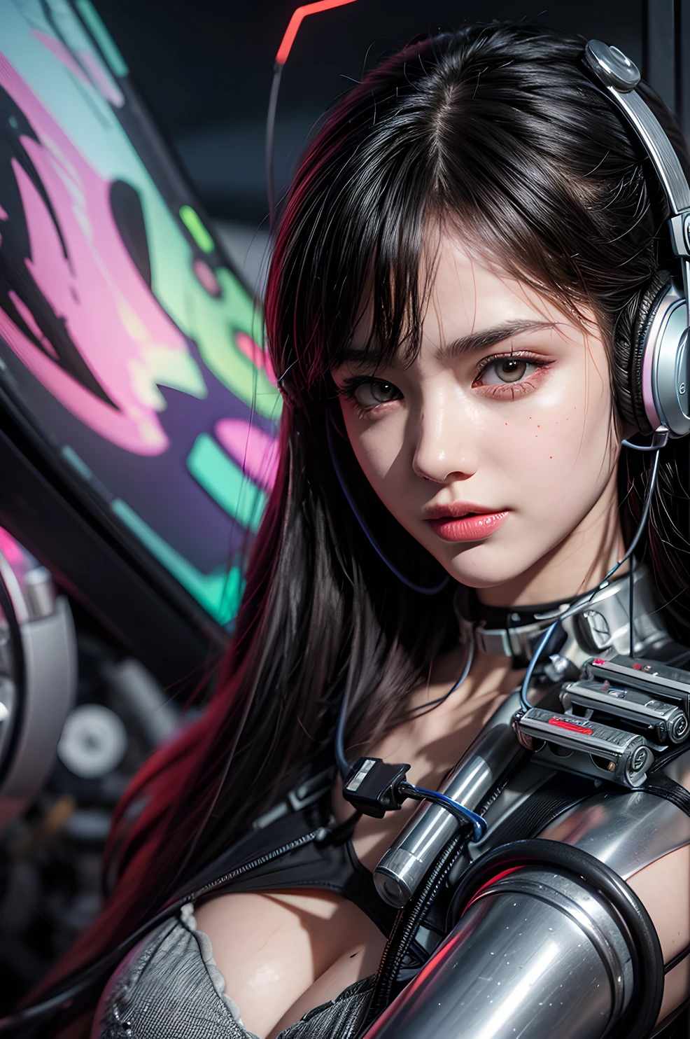 futuristic space、Hair flows、 ((highest quality、masterpiece、8k、best image quality、ultra high resolution、Award-winning work)、(accurate anatomy:1.1)、(look at me and smile:1.1)、Shining fair skin with ultra high resolution、most detailed face、ultra high resolution detailed face、ultra high resolutionの髪の毛、(ultra high resolutionの煌めく瞳:1.1)、Beautiful face drawn in every detail、(blurred background:1.1)、cyberpunk costume :1.3, chest together, diva singing microphone、