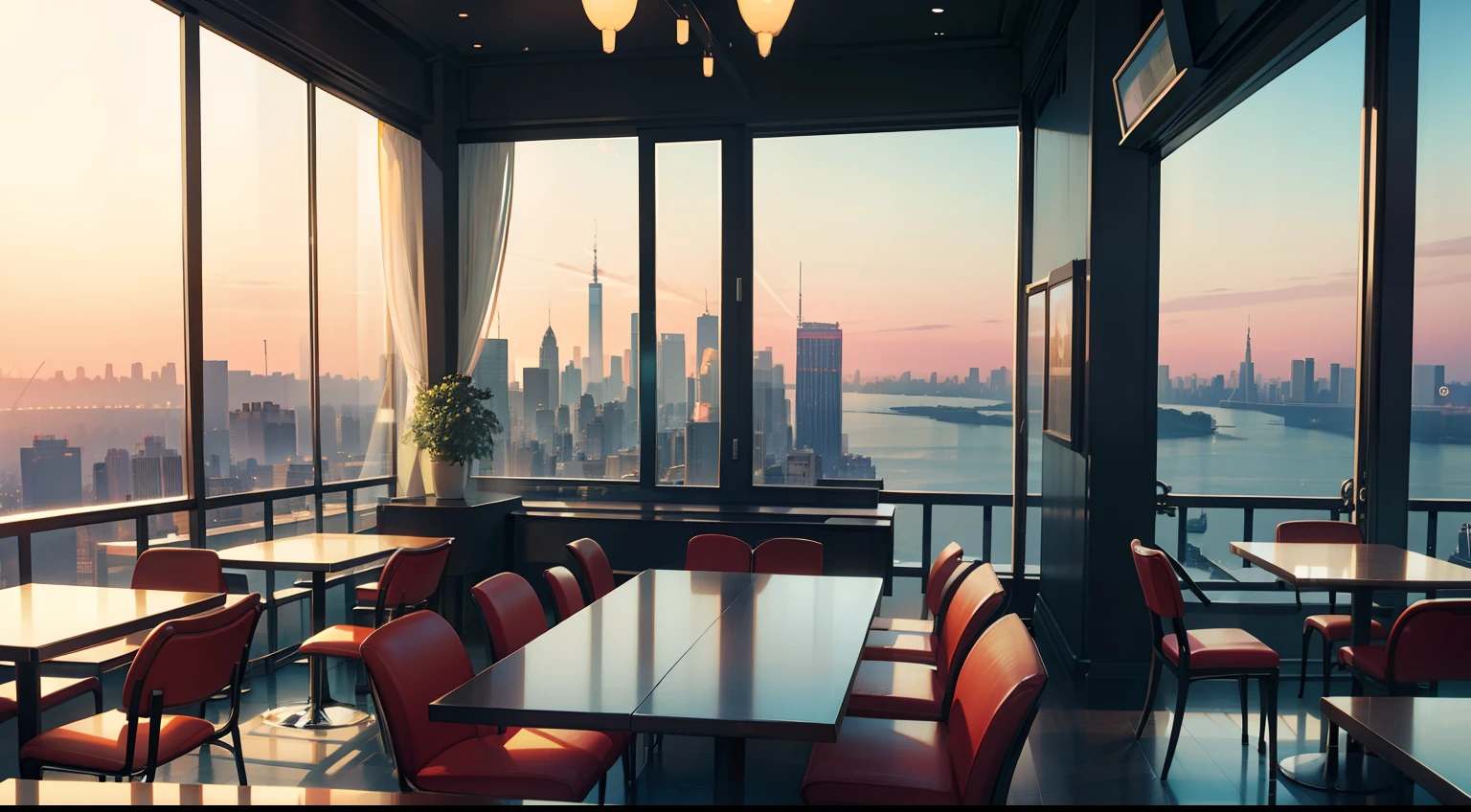 Interior of a café, com ambiente piano jazz, com pano de fundo a cidade de Nova York. The scene is in a calm and cheerful color scheme, dando-lhe uma atmosfera calorosa e vibrante.