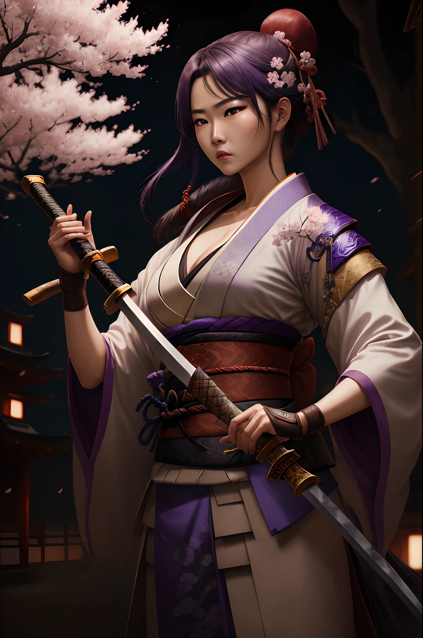 A realistic potrait of woman raiden shogun handling a katana with sakura tree backround at the night