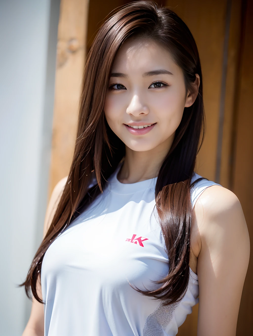 The beauty of 8K raw photos:2.0, Japanese woman, beautiful face and dark eyes, looking down, looking at the viewer:1.5, big smile, wet hair, tiny top, (red sports wear:1.2), shinny skin, realistic:1.9, very detailed, cowboy shot:1.2, High resolution RAW color photos, professional photos, Taken at the studio, girl sexy portrait