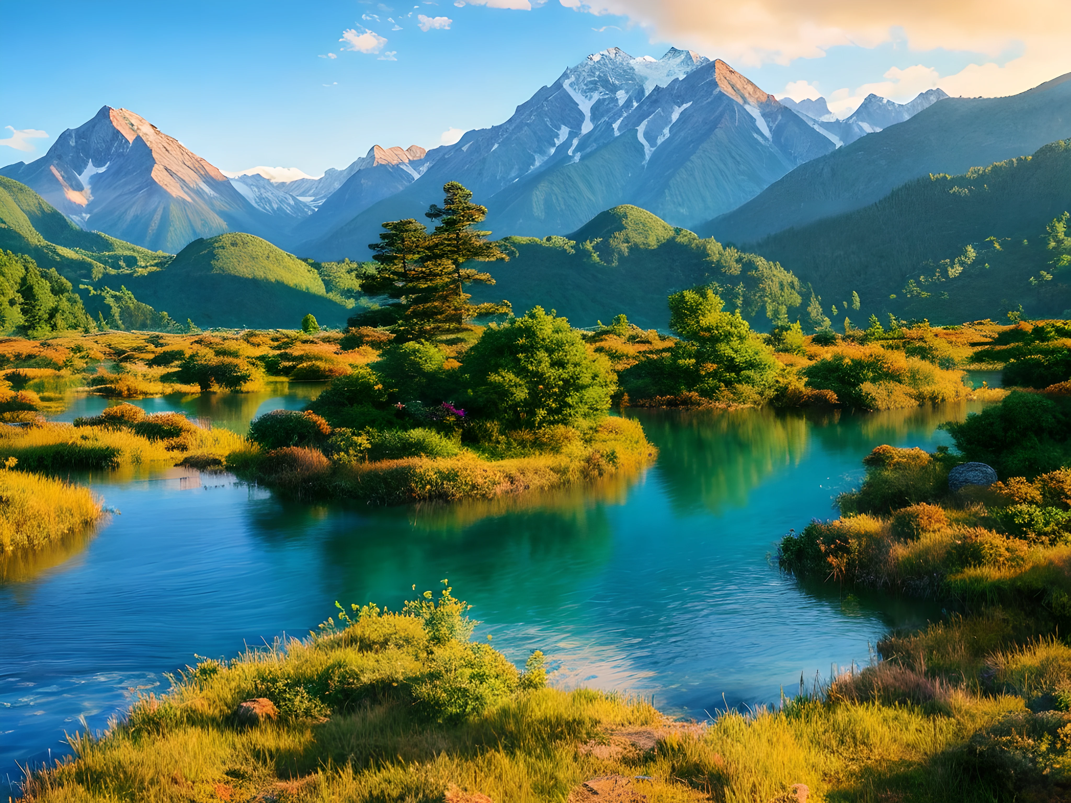 masterpiece anime landscape with mountains hills and a lake