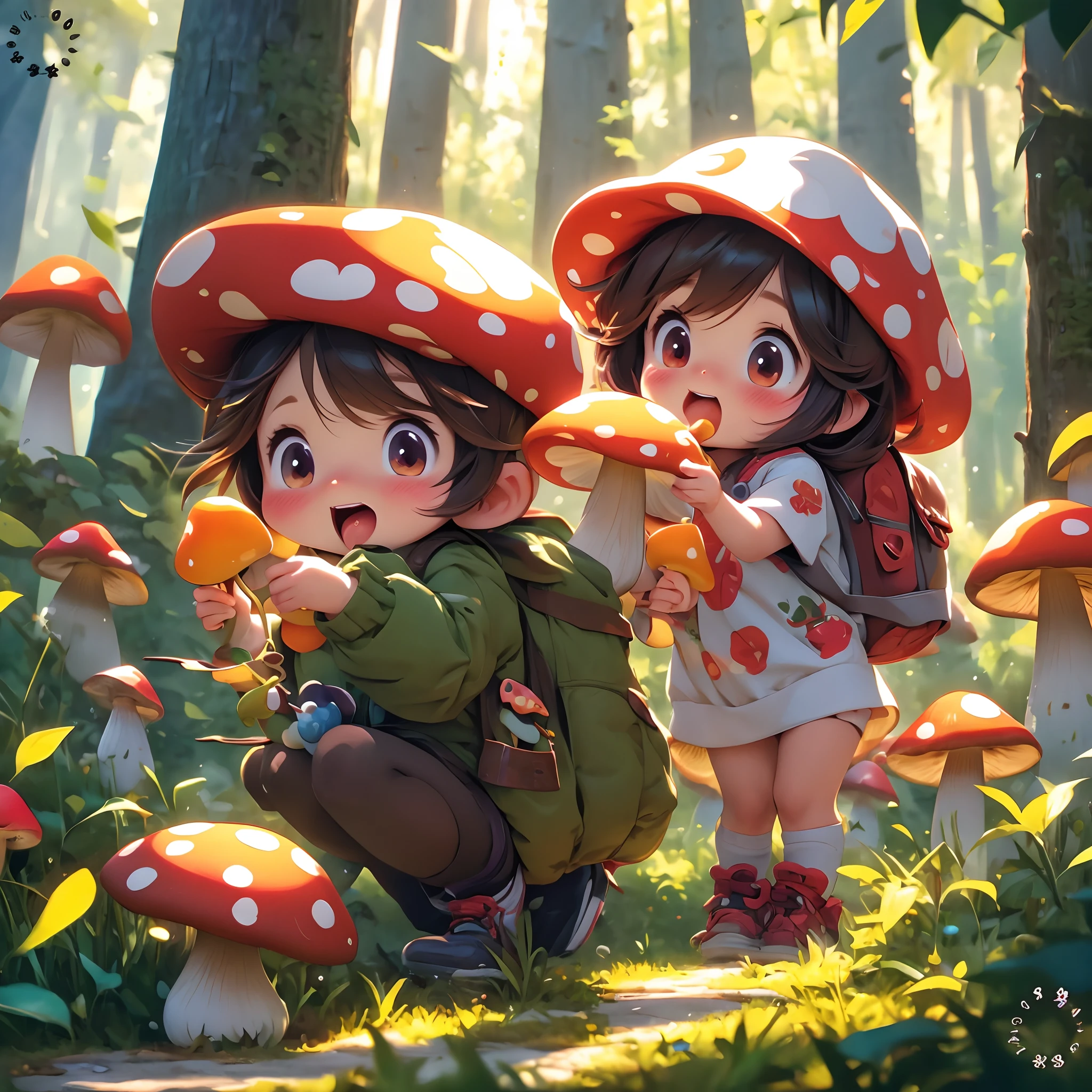 anime girl with mushroom hat and backpack walking through a forest, official art, cute detailed digital art, adorable digital painting, official artwork, mushroom forest, 🍁 cute, cute digital art, cute forest creature, cute art style, mushroom, 🍂 cute, official illustration, eating a mushroom, cute anime girl, with a cute toad, game art!!, character art of maple story