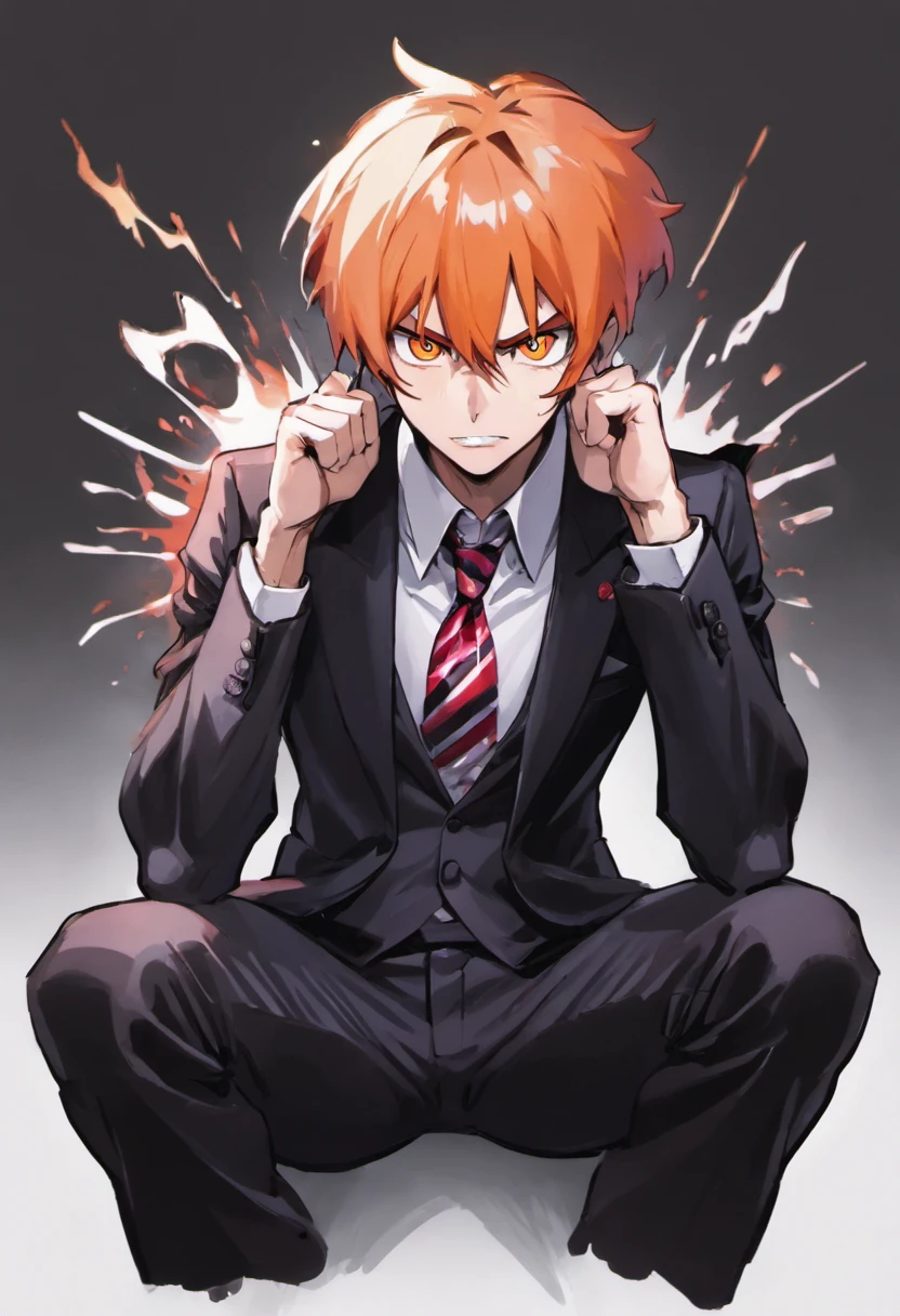 ichigo kurosaki spickey hair sitting talking to a man in a suit, looking tired, in a suit, white background