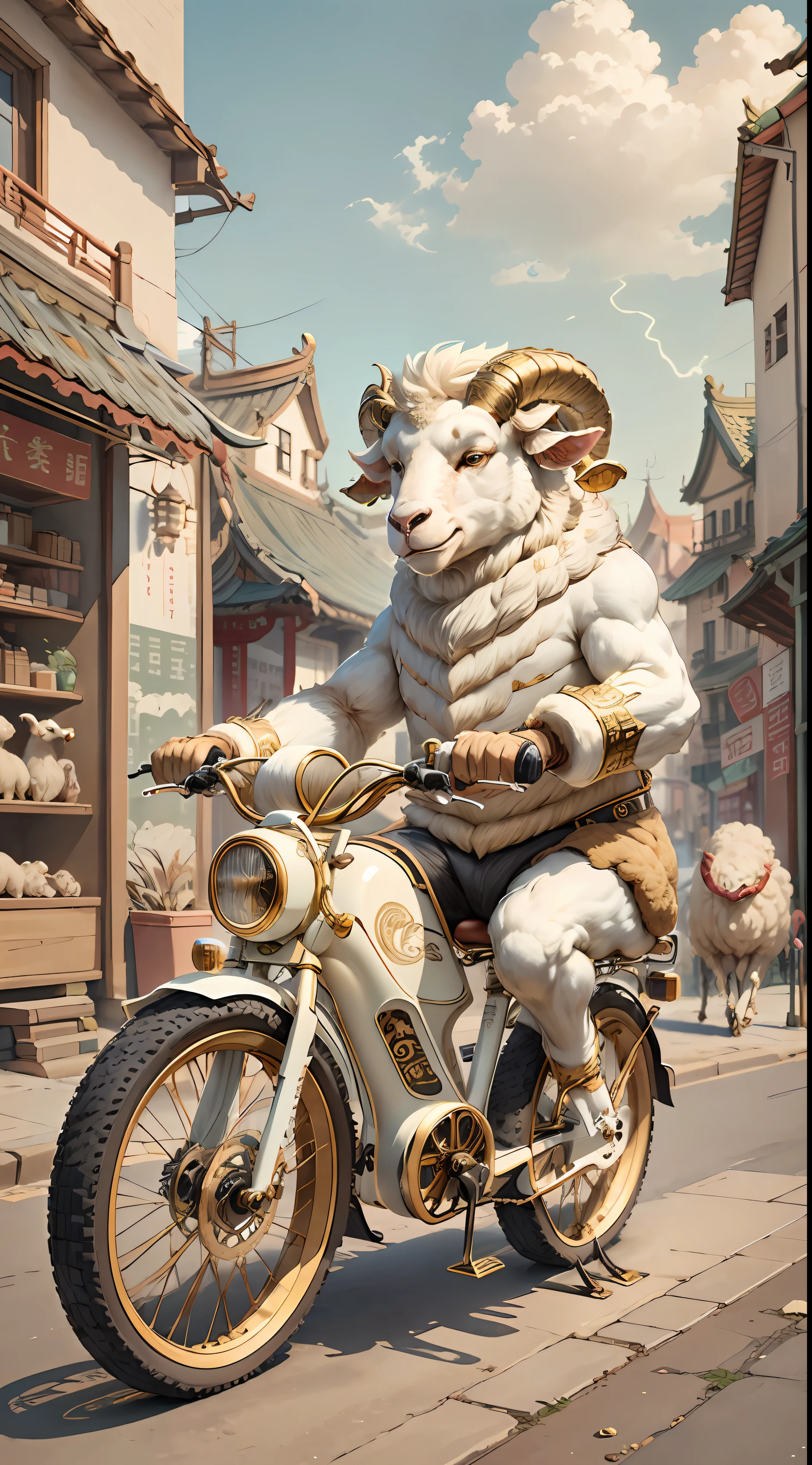 IvoryGoldAI，(Chinese zodiac sheep), (riding an electric bike)