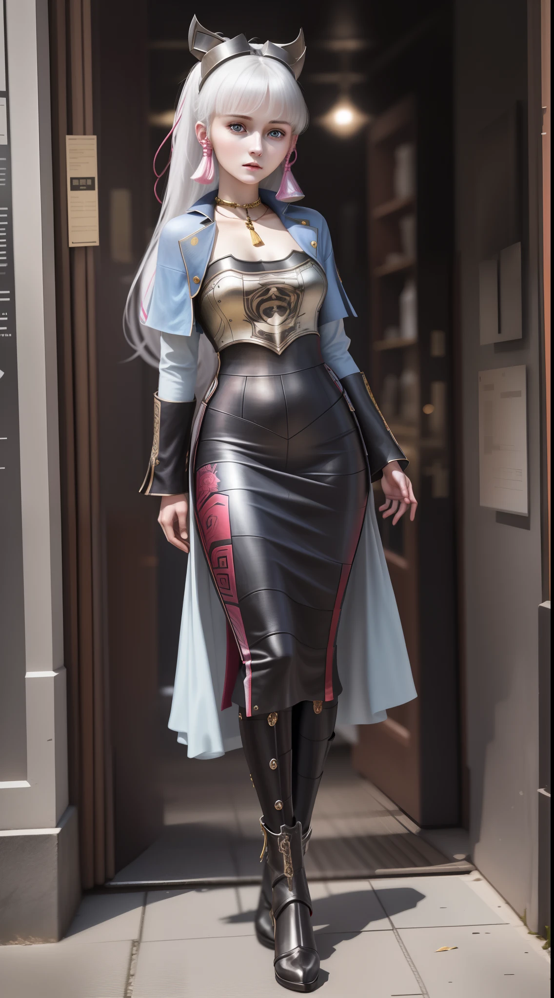 full-body shot,25-year-old girl,Silver hair,gray hair,Medium breasts,cleavage,White skin,pink eye shadow,Gray Eyes,Functional wear style