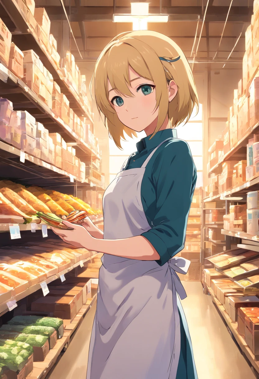 tmasterpiece,HighestQuali,(arknight),anime big breast,Solo,A woman who is,((Female upper body)),Wear an apron and a white dress,Long neat blonde hair,Neat bangs,Holding a peacock,((Inside the food warehouse))