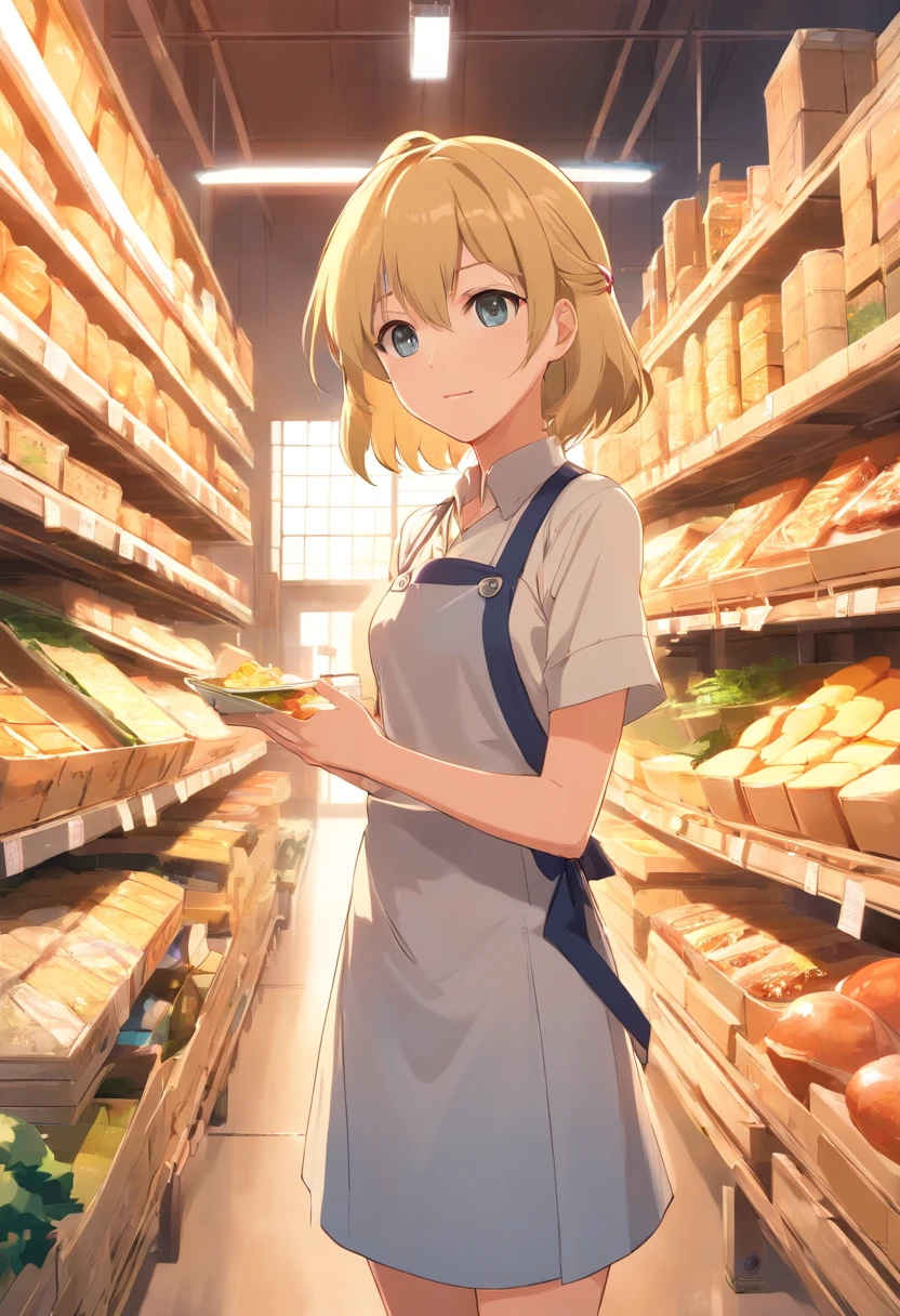 tmasterpiece,HighestQuali,(arknight),anime big breast,Solo,A woman who is,((Female upper body)),Wear an apron and a white dress,Long neat blonde hair,Neat bangs,Holding a peacock,((Inside the food warehouse))