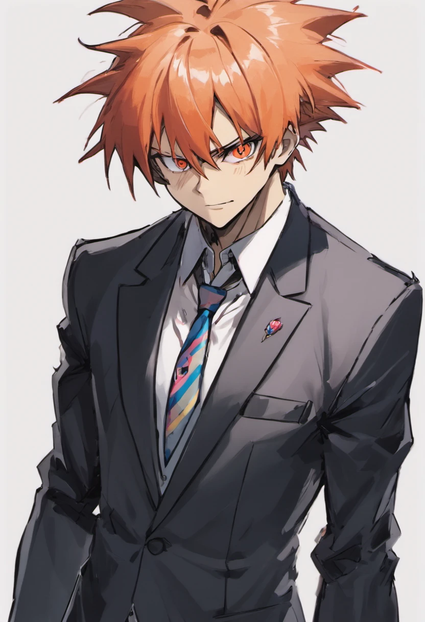 ichigo kurosaki spikey hair standing talking to a man in a suit, looking tired, in a suit, white background