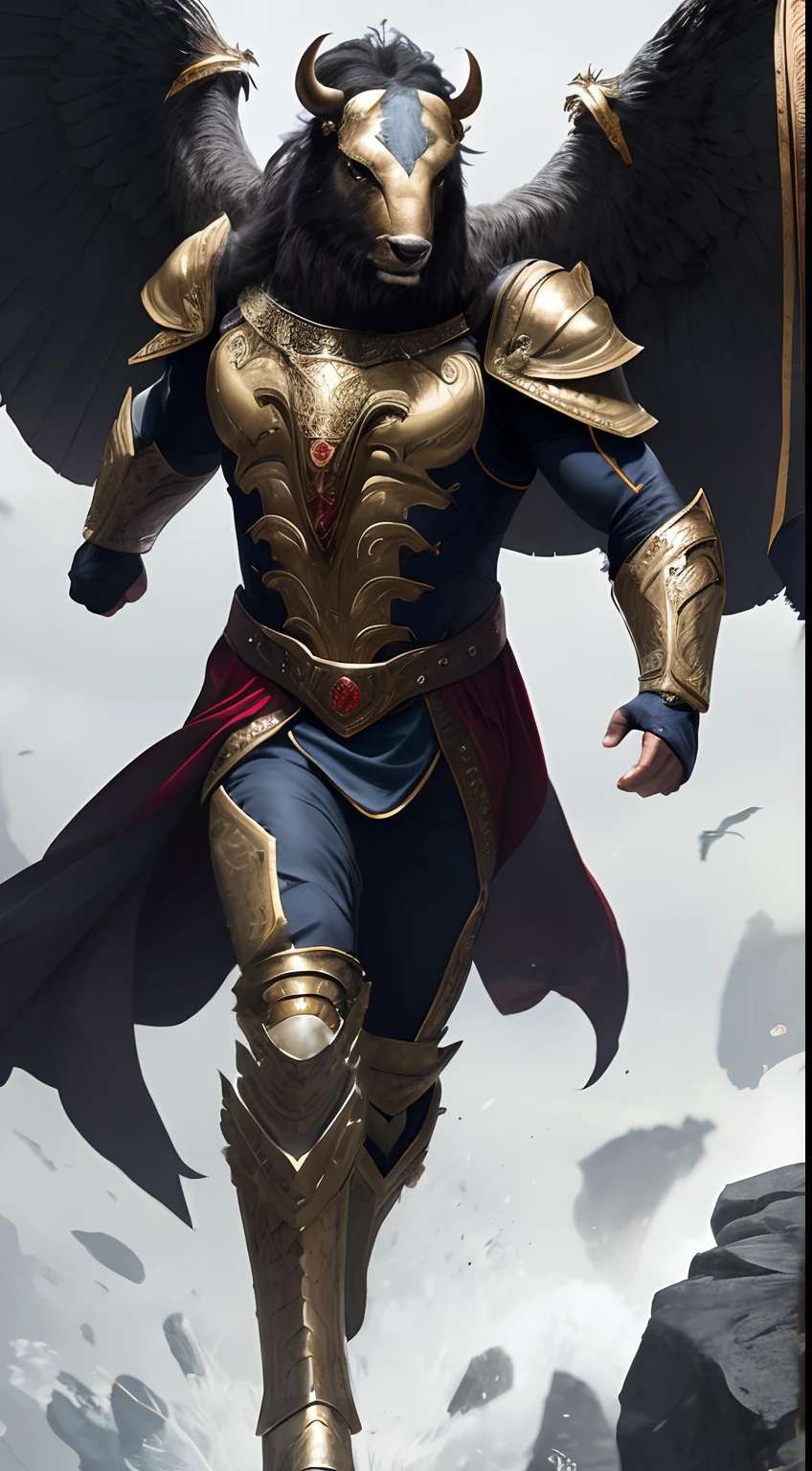 Professional and marketing photoshoot: Capture the powerful presence of a superhero buffalo adorned in intricate armor and a flowing cape, wielding a weapon with conviction. Showcase their strength and valor with exceptional realism, impeccable lighting, and high-resolution details. Strike a balance between awe-inspiring and approachable for a captivating visual that leaves a lasting impact. animal head