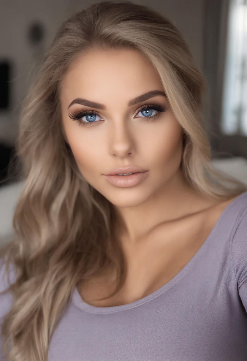 Arafed Mujer Completa, Chica sexy con ojos azules, , ultra realista, meticulosamente detallado, retrato de Sophie Mudd, cabello rubio y ojos grandes, selfie de una mujer joven, Ojos del dormitorio, Violeta Myers, sin maquillaje, Maquillaje natural, staring directly into camera, artgrama facial, maquillaje sutil, Impresionante foto de todo el cuerpo arrodillado en la cama, en el dormitorio, Medium and large breast, permitiendo que la cara se vea claramente, retrato
