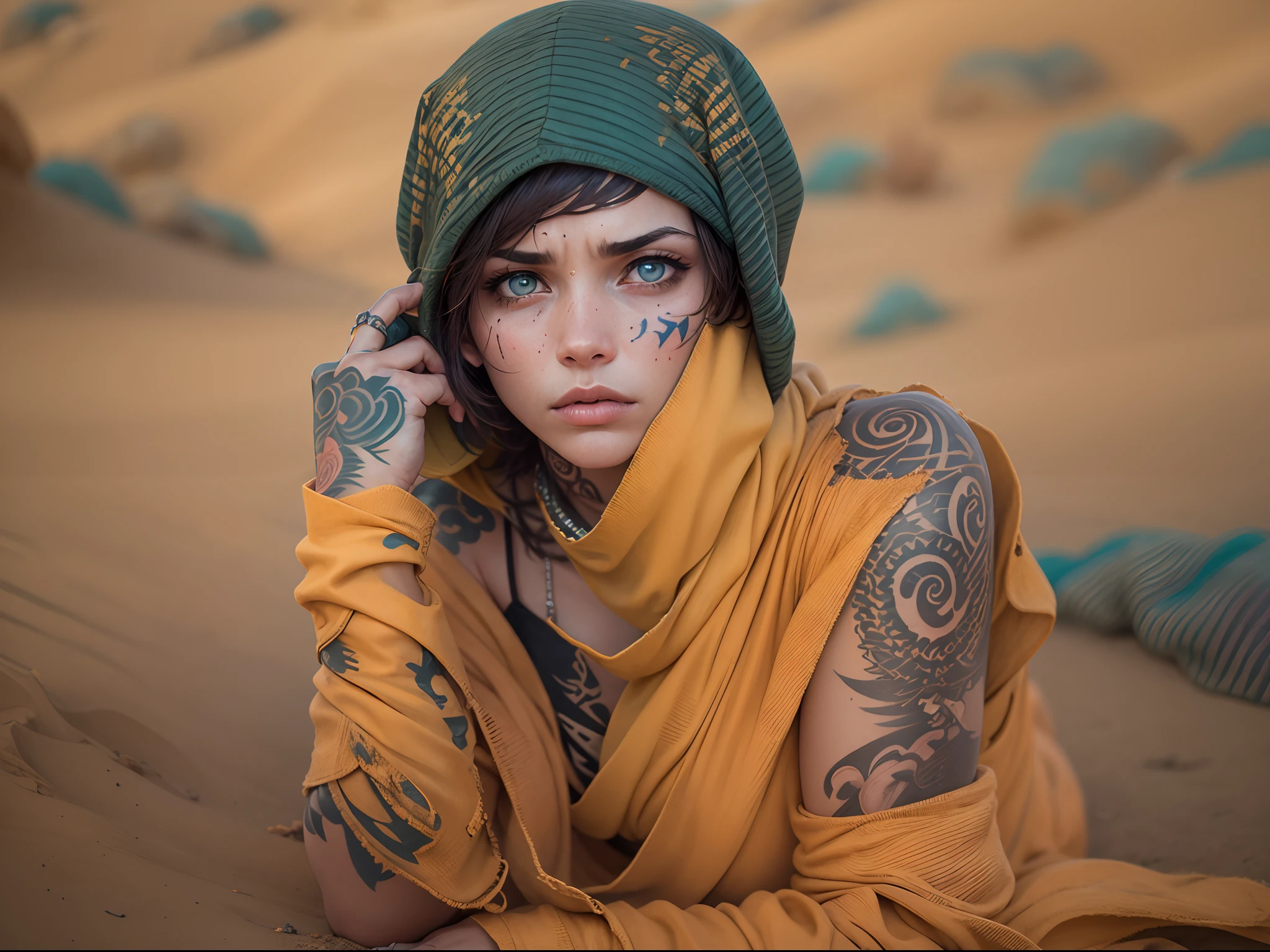 in a desert，A defeated woman，Short brown hair，Blue pupils，Earthy yellow broken hood，spread their legs，The whole body is covered with tattoos