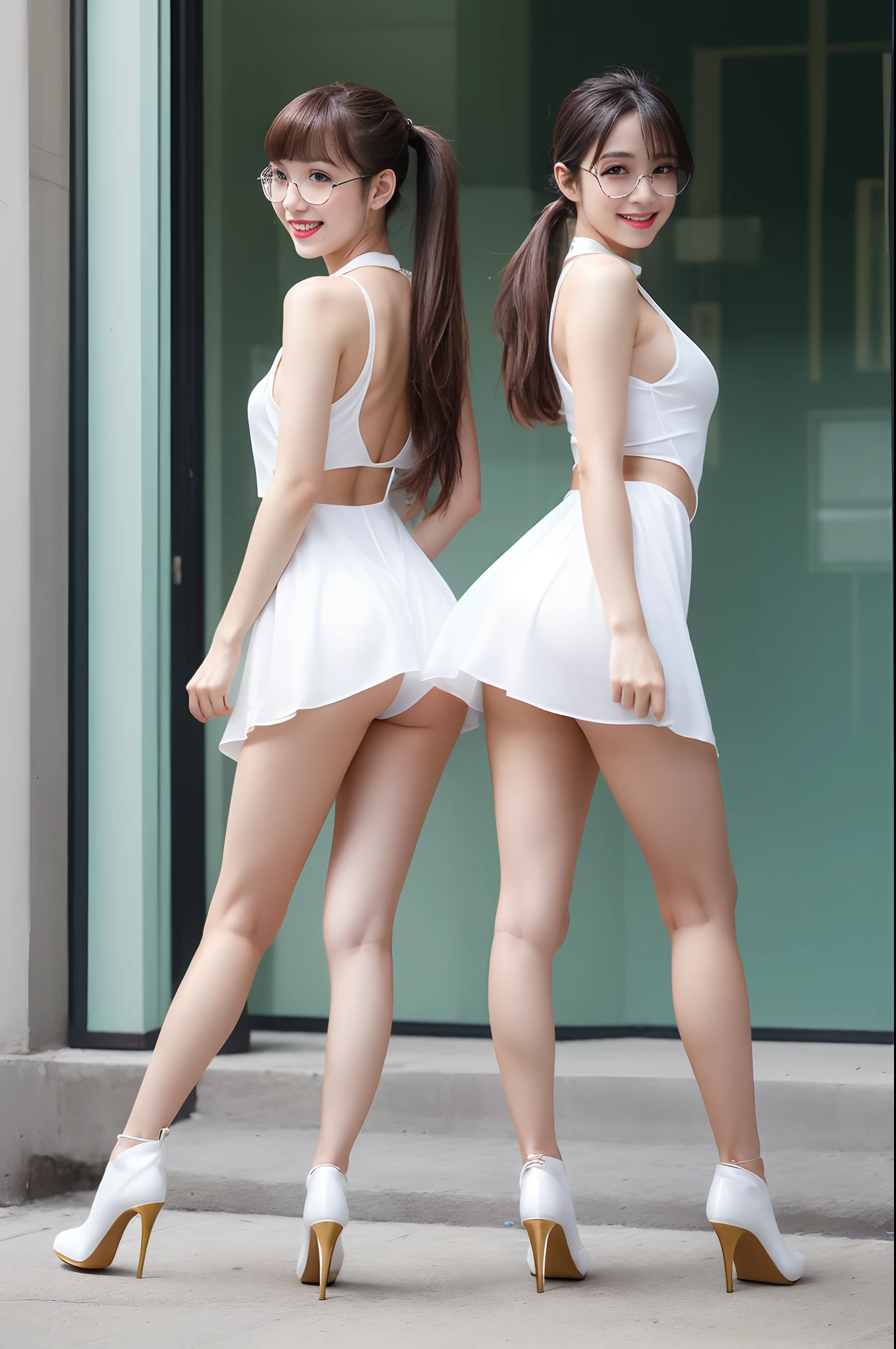 (4K)(1 girl)long whitr hair,pony tails,Wearing gold wire glasses,Wear white transparent clothes,Wet,red high heel pumps,The body is slightly curved,Cocked buttocks,back to look back,Feminine smile