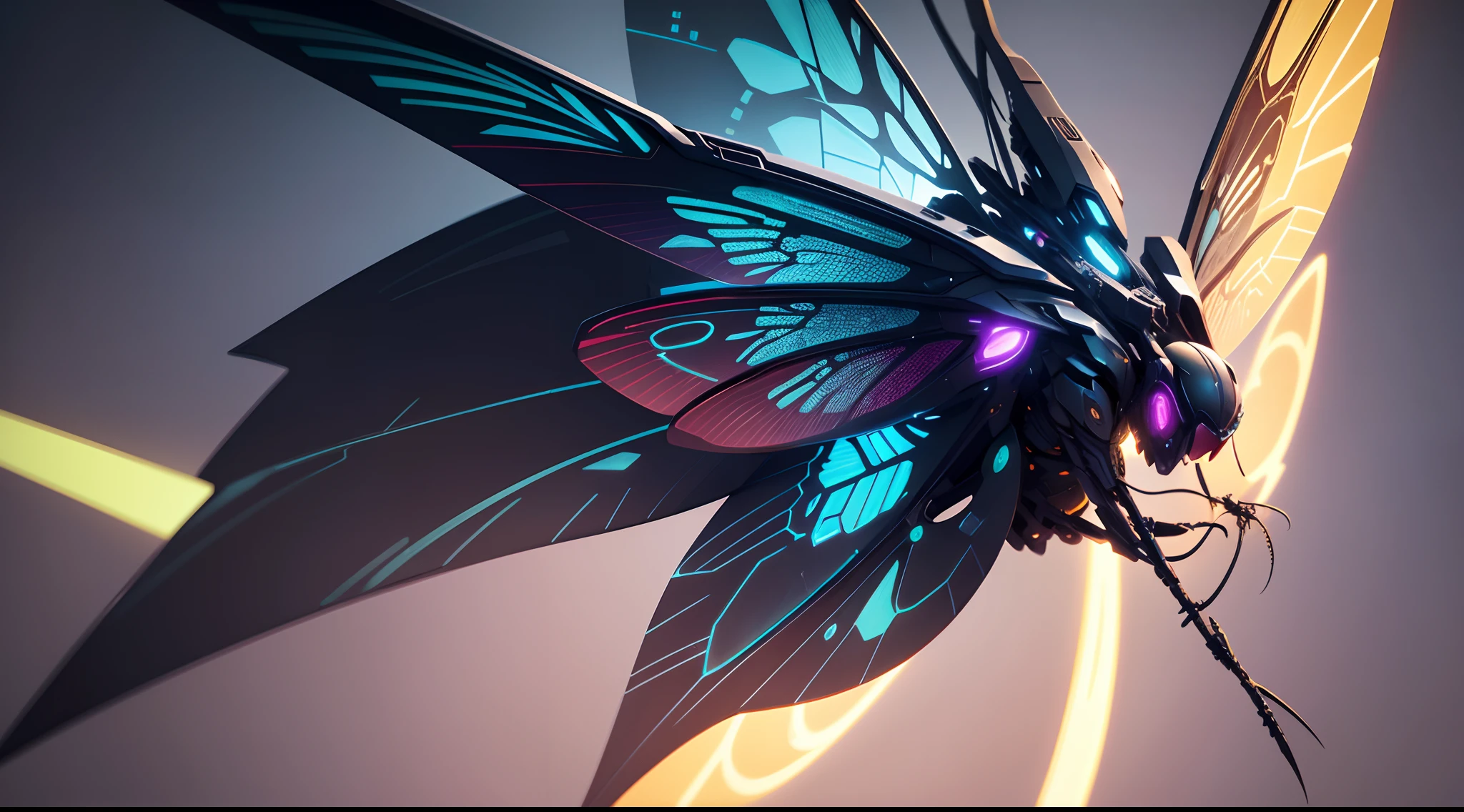 Generate a cyberpunk-inspired dragonfly with its wings spread out in the shape of an X, viewed from a top-down perspective. The dragonfly should have sleek, metallic body with neon accents and intricate circuit-like patterns running along its wings. The wings should emit a soft, eerie glow, casting dynamic, colorful reflections on the transparent background. The dragonfly should exude a futuristic, high-tech vibe, blending the aesthetics of nature and cybernetics seamlessly. Ensure attention to detail in the design, making it a captivating and visually striking image.
