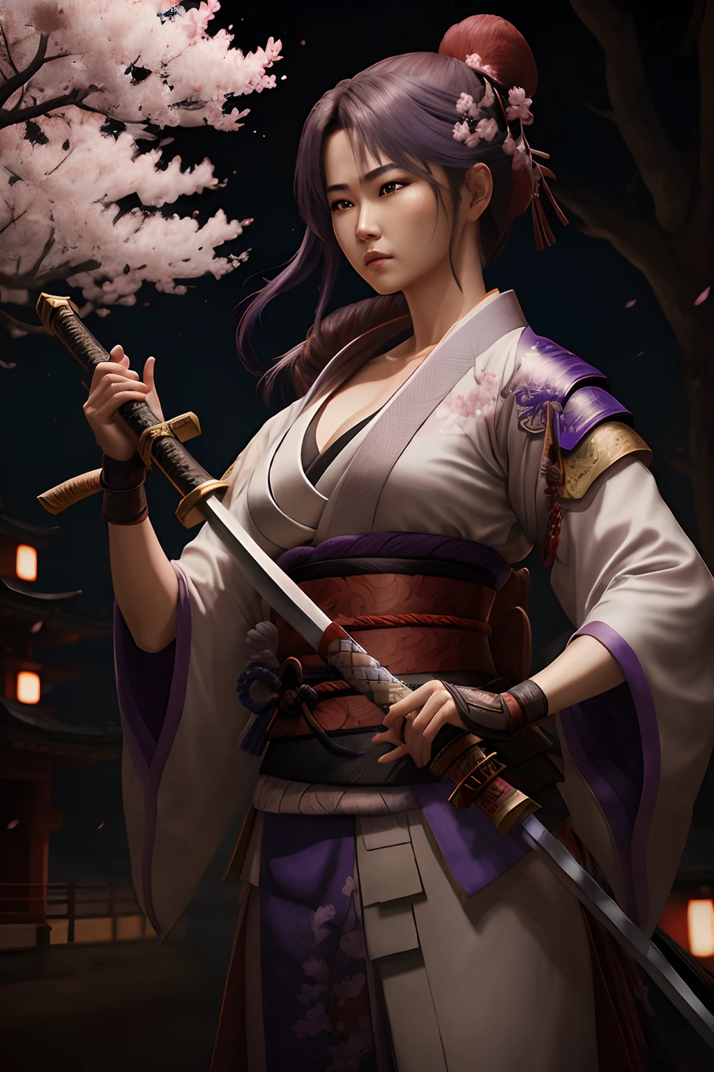 A realistic potrait of woman raiden shogun handling a katana with sakura tree backround at the night, make it 3D final fantasy style