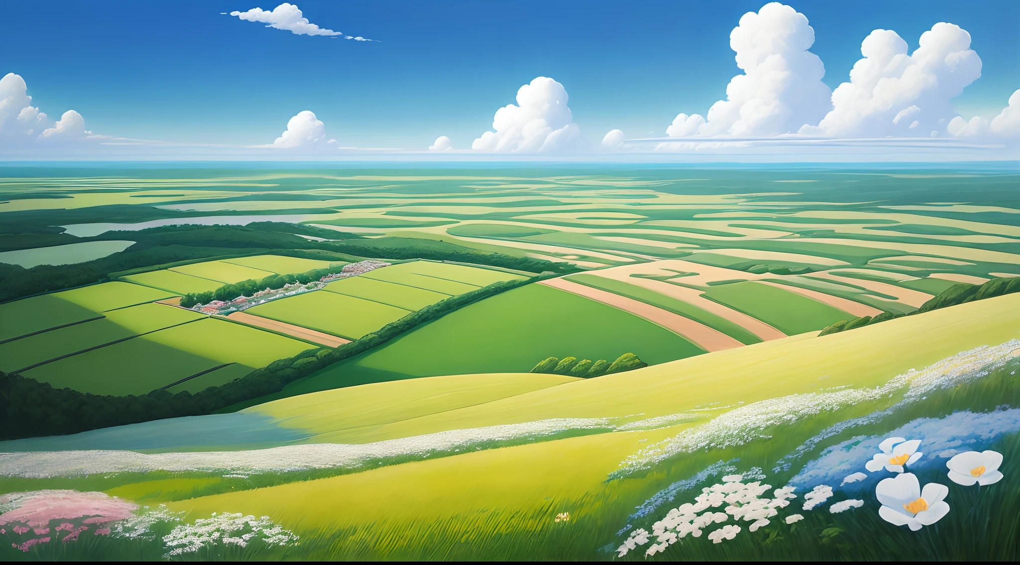 Realistic, authentic, beautiful and amazing landscape oil painting Studio Ghibli Hayao Miyazaki&#39;s petal grassland with blue sky and white clouds --v6