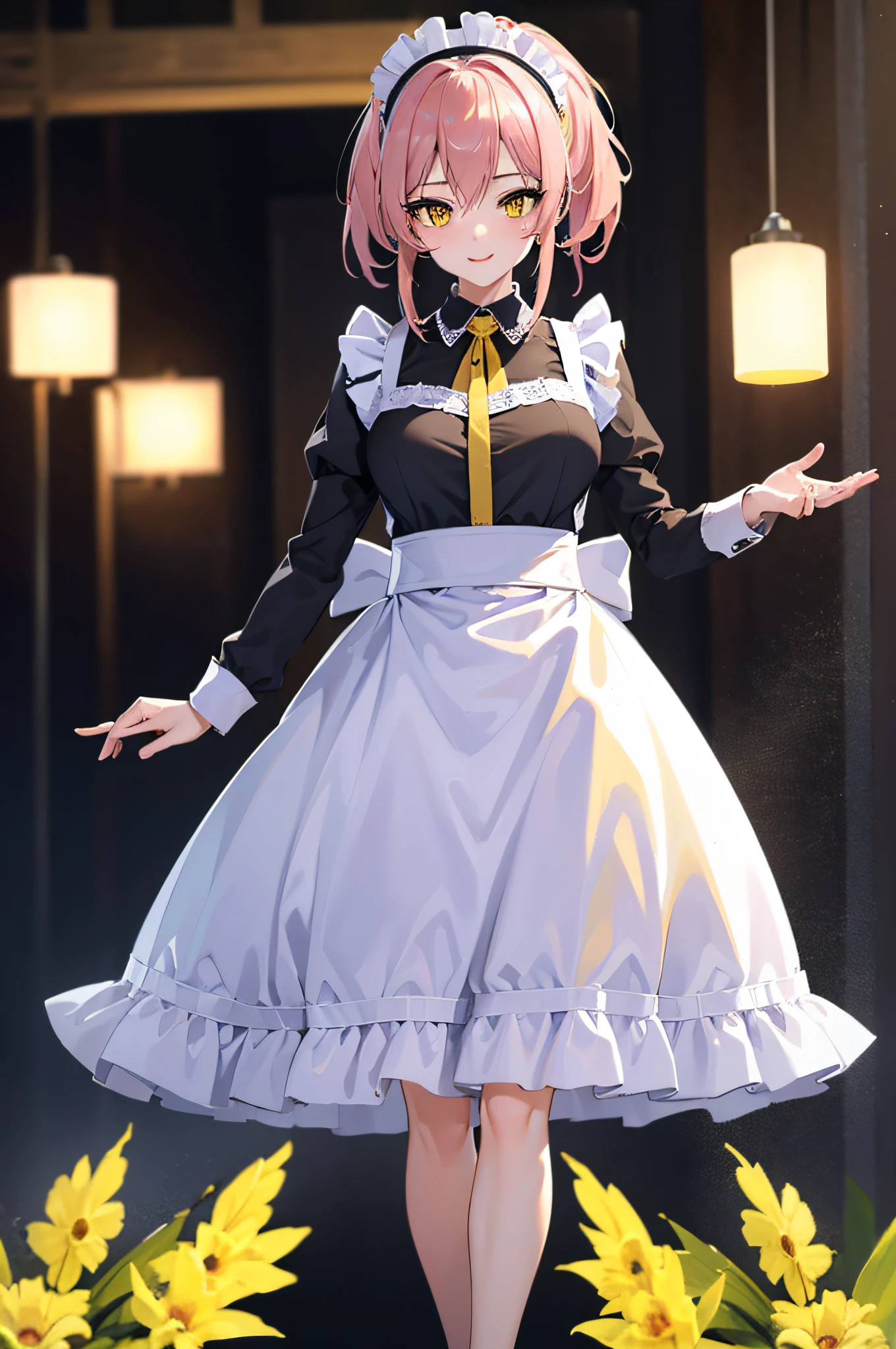 (masterpiece, best quality:1.2),1girl,mature female,pale skin,huge breasts:1.49,mikajougasaki, mika jougasaki, hair bow, long hair, pink hair, (yellow eyes:1.5), ponytail,maid, maid headdress, maid apron, eye details,teasing smile, clean detailed anime art,high resolution, (perfect hands, perfect anatomy),