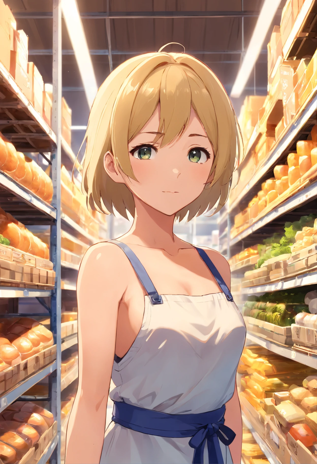 tmasterpiece,HighestQuali,(arknight),anime big breast,Solo,A woman who is,((Female upper body)),Wear an apron and a white dress,Long neat blonde hair,Neat bangs,Holding a peacock,((Inside the food warehouse))
