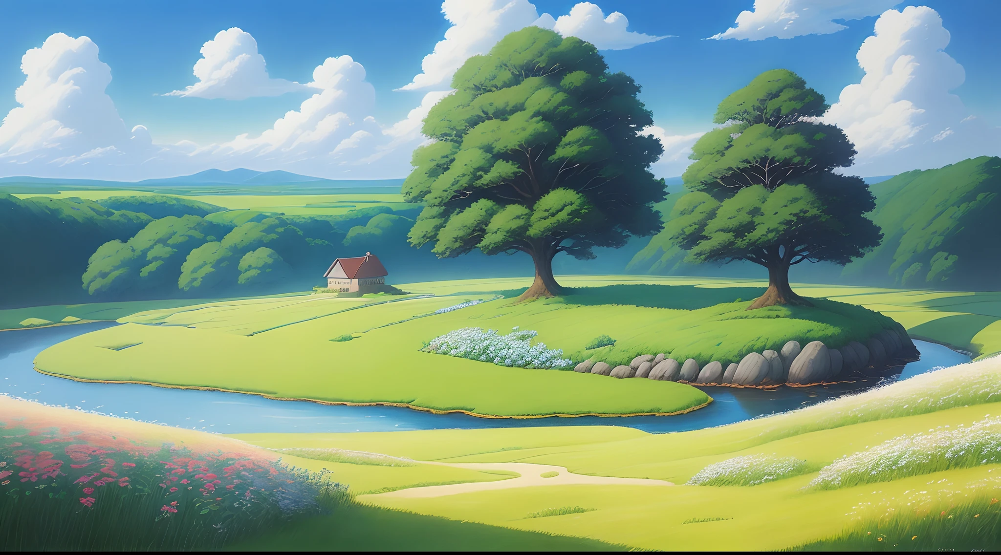 Realistic, authentic, beautiful and amazing landscape oil painting Studio Ghibli Hayao Miyazaki's petal grassland with blue sky and white clouds --v6