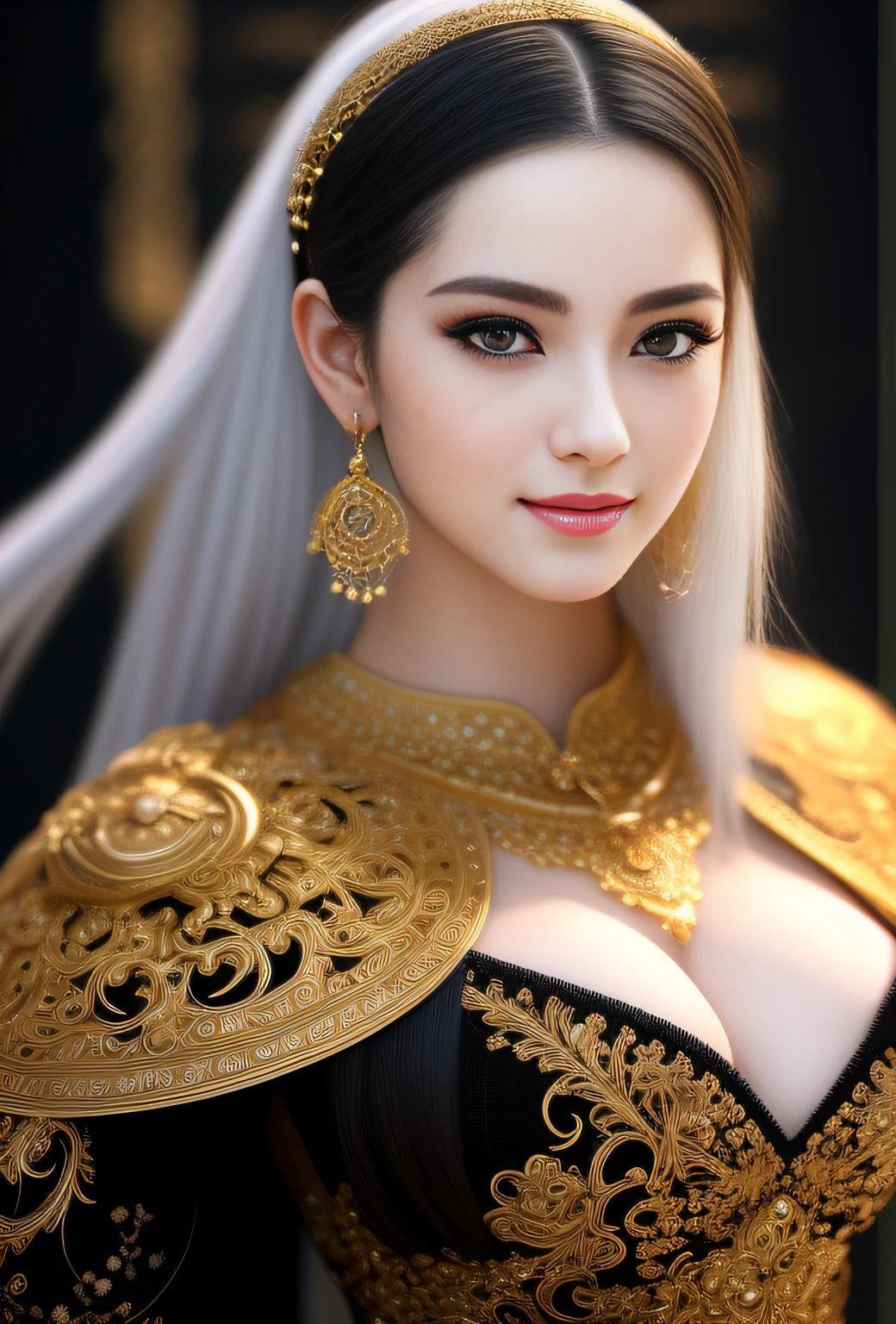 full body wide shot, woman beautiful face warrior wearing heavy iron body armor insanely detailed and intricate , hypermaximalist, elegant, ornate, hyper realistic, super detailed, cinematic light, dark fantasy, ConceptArtWorld, apocalyptic,grouchy, masterpiece,(masterpiece:1.3), (8k, photorealistic, RAW photo, best quality: 1.4), japanese, (1girl), beautiful face, (realistic face), (black hair, long hair:1.3), beautiful hairstyle, realistic eyes, beautiful detailed eyes, (realistic skin), beautiful skin, attractive, ultra high res, ultra realistic, highly detailed, golden ratio, (detaled face:1.2),looking at viewer,smile,open white shirt,medium breasts,standing,hand on hip,off shoulder,