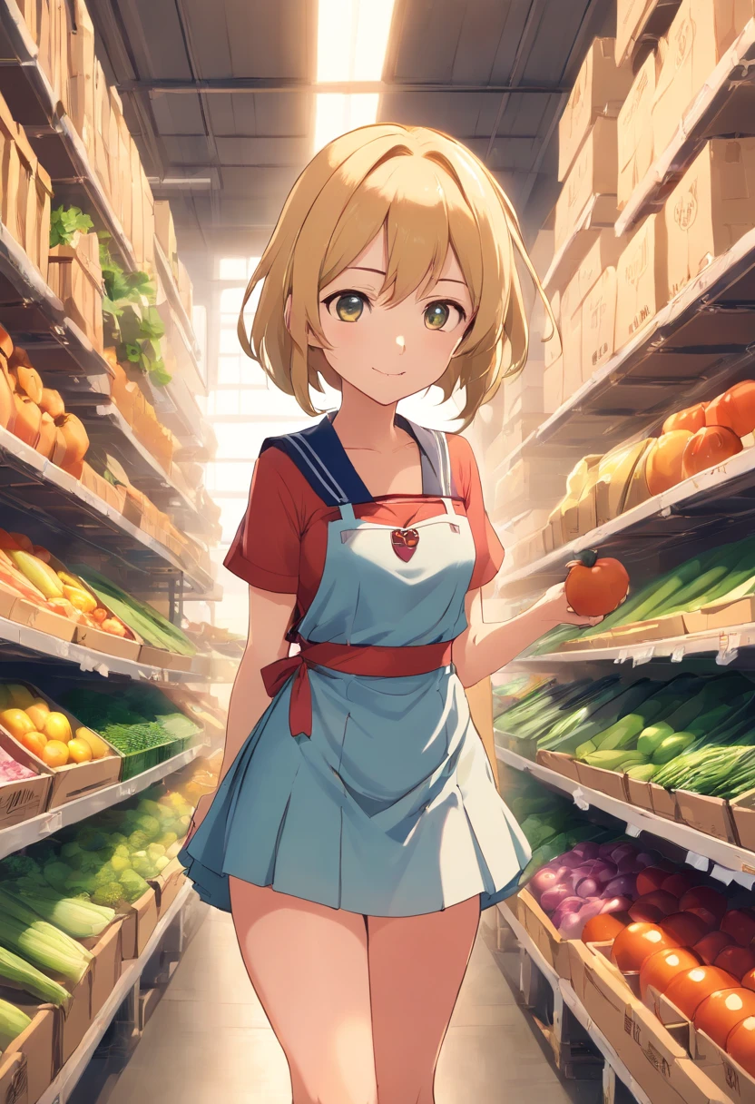 tmasterpiece，HighestQuali，(arknight)，anime big breast，Solo，A woman who is，((Female Upper Body))，Wear an apron and sailor suit and pleated skirt，Long neat blonde hair，Neat bangs，Inside the warehouse，Boxes full of vegetables and fruits