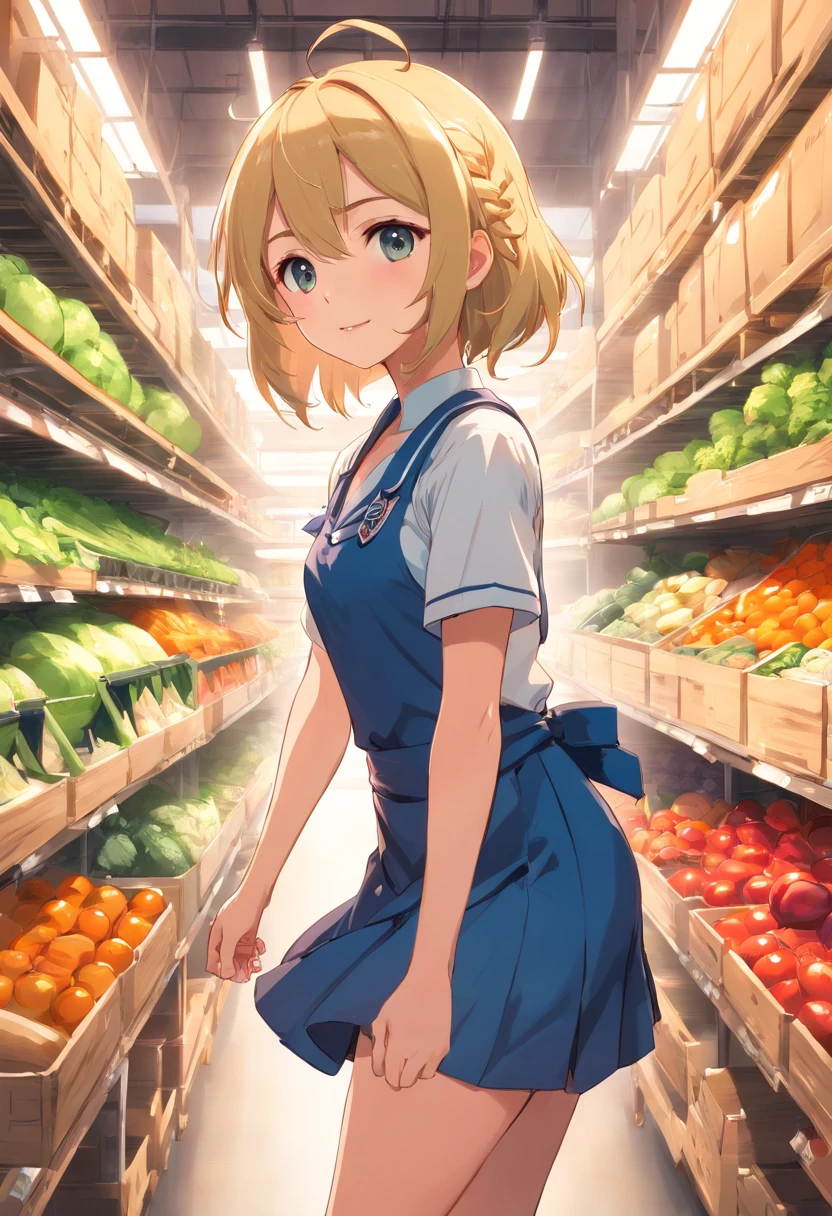 tmasterpiece,HighestQuali,(arknight),anime big breast,Solo,A woman who is,((Female Upper Body)),Wear an apron and sailor suit and pleated skirt,Long neat blonde hair,Neat bangs,Inside the warehouse,Boxes full of vegetables and fruits