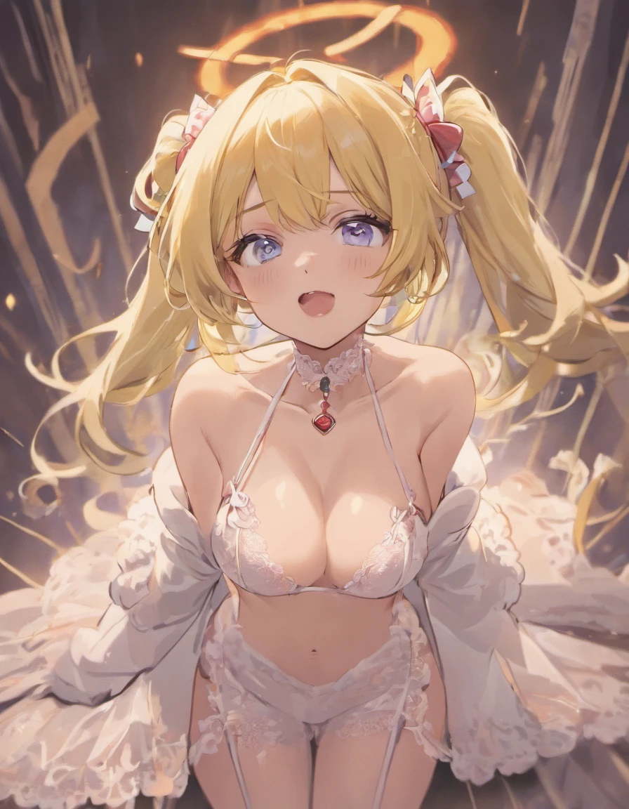 tied hair, bow hairband, longeyelashes,, clenched teeth, tsundere, Verism, cinematic lighting, god rays, close-up, Super detail Best quality, 8K, Masterpiece :1.3)), Sharp focus:1.2, ((Layered Hair Style, Huge breasts:1.2)),Highly detailed face and skin texture, Fine eyes, Double eyelids, white stockings，Expose cleavage，Lace white transparent lingerie