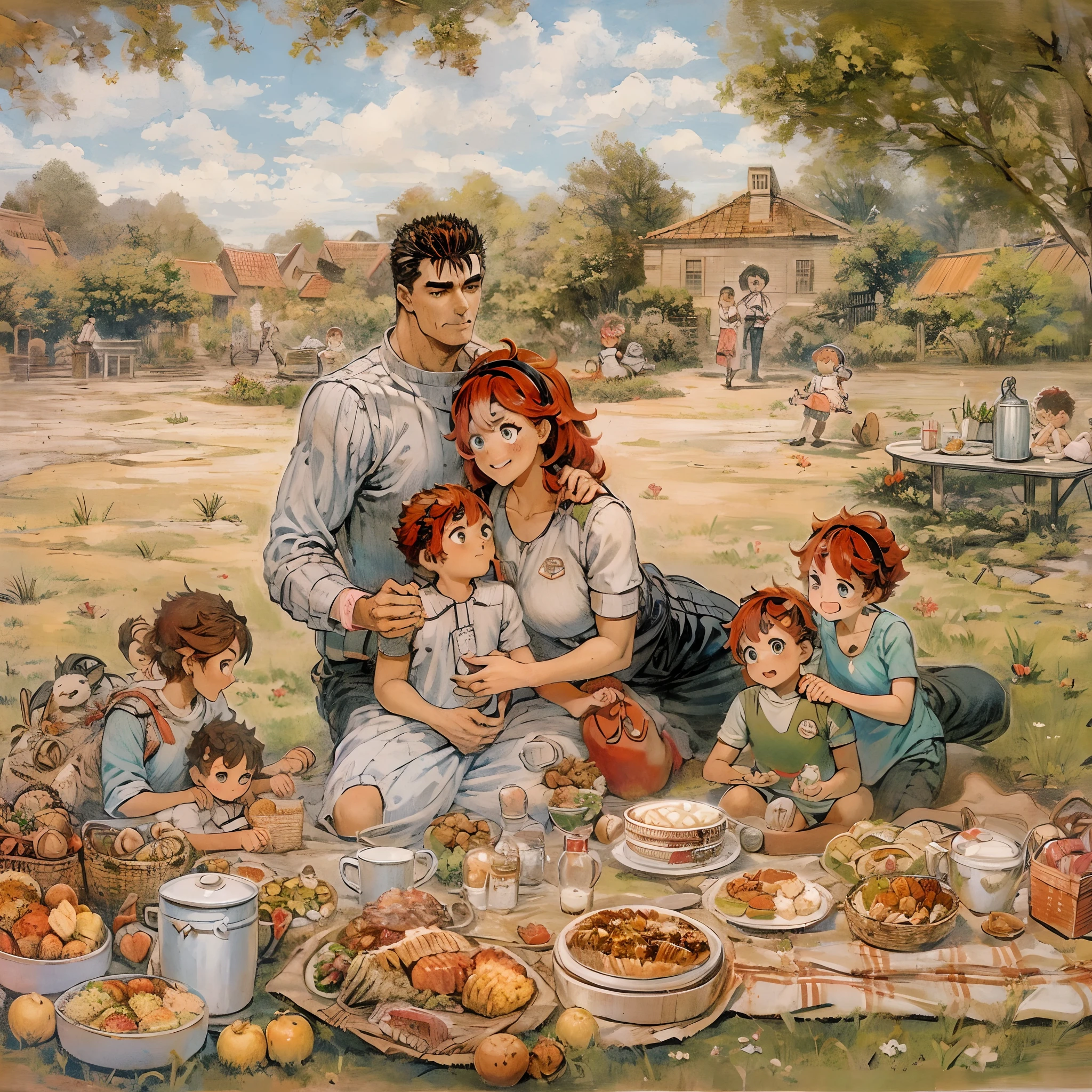 suletta, guts, couple, husband and wife, suletta motherly, wife, mother and son, children , family, happy, red hair suletta, black hair guts, picnic garden