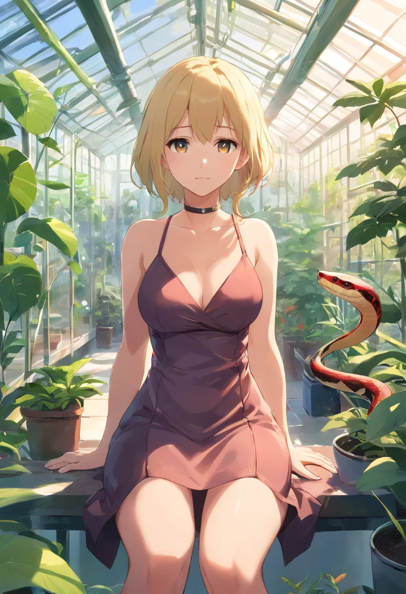 tmasterpiece,HighestQuali,(cygames),anime big breast,Solo,A woman who is,((Female Upper Body,Bigboobs)),Wear a bandeau brown dress,Wear black stockings,((Long neat blonde hair,Neat bangs)),((Petting a snake)),((In the greenhouse))