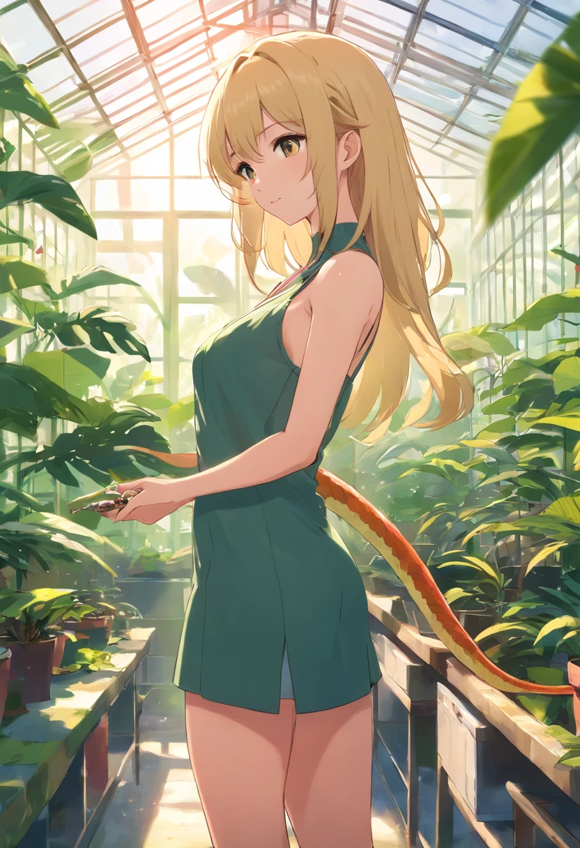 tmasterpiece，HighestQuali，(cygames)，anime big breast，Solo，A woman who is，((Female Upper Body，Bigboobs))，Wear a bandeau brown dress，Wear black stockings，((Long neat blonde hair，Neat bangs))，((Petting a snake))，((In the greenhouse))