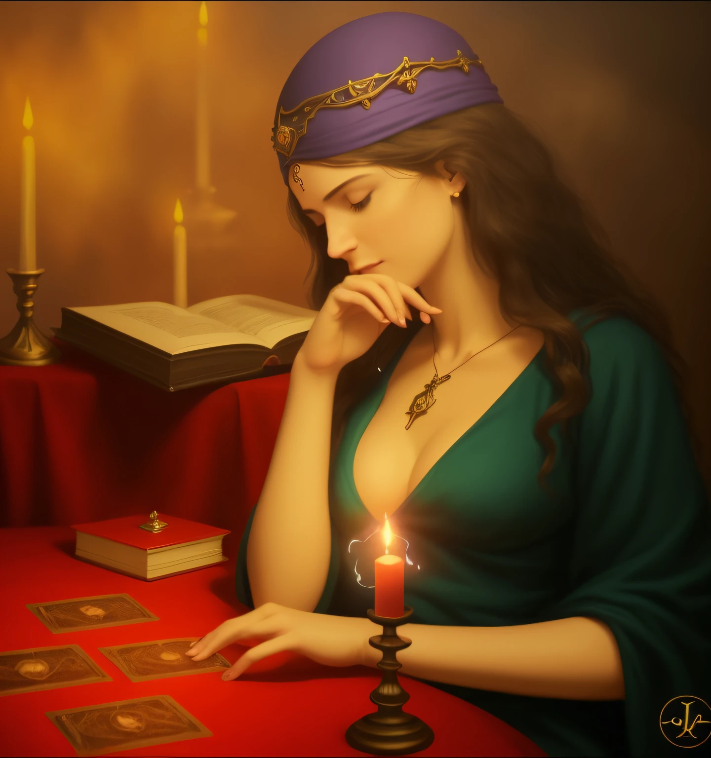 mulher sentada em uma mesa com uma vela e um livro, adivinho, Arte do Tarot, spell casting, Directed by: Eugene Zak, romanticist oil painting ", Directed by: Júlia Sino, wizard doing a tarot reading, psychic, Tarot cards, as a tarot card, Lisa, Absorto em pensamentos, Directed by: François Bocion, spell casting wizard. imagem ultra realista. realistic hands